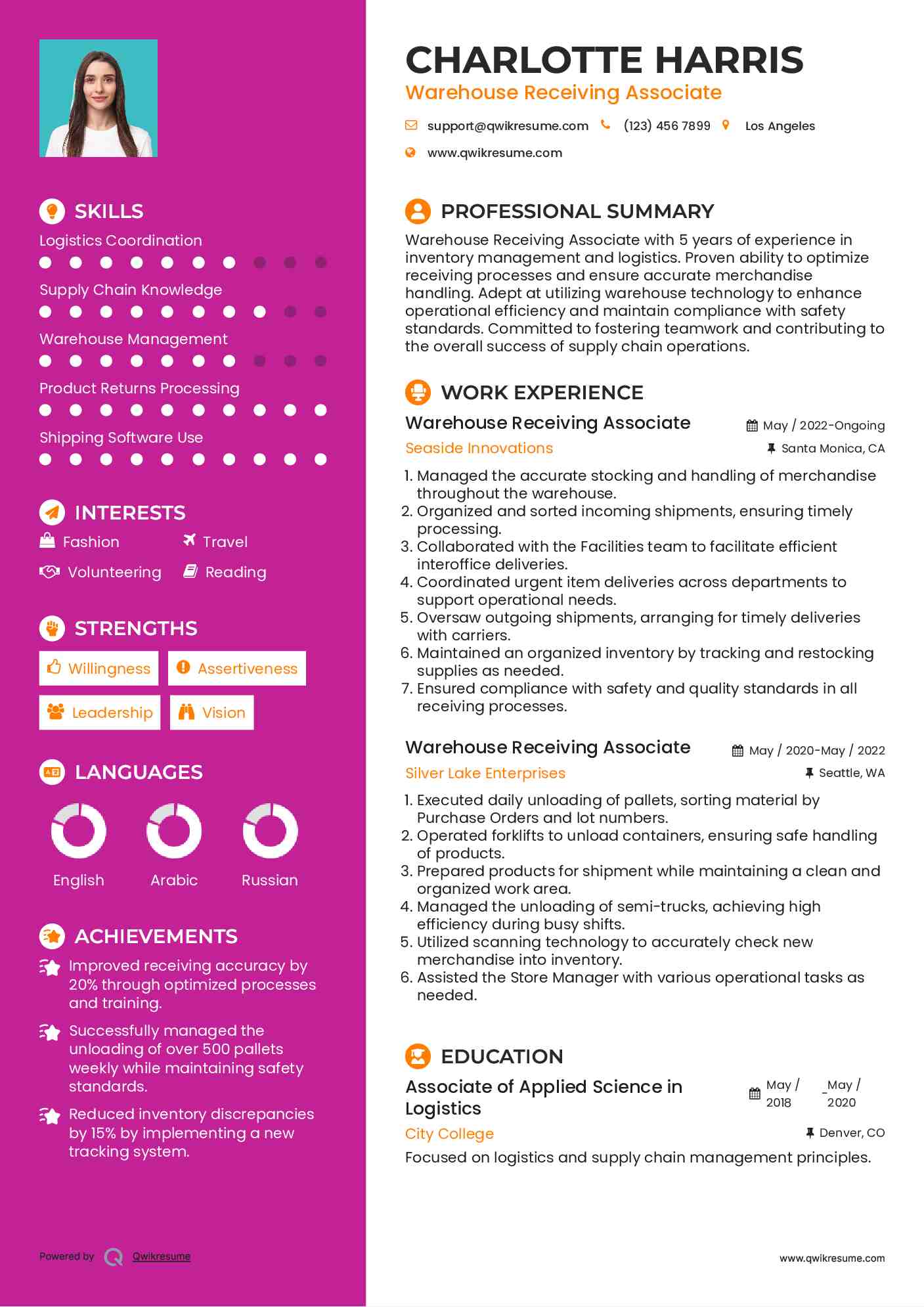 Warehouse Receiving Associate Resume Template