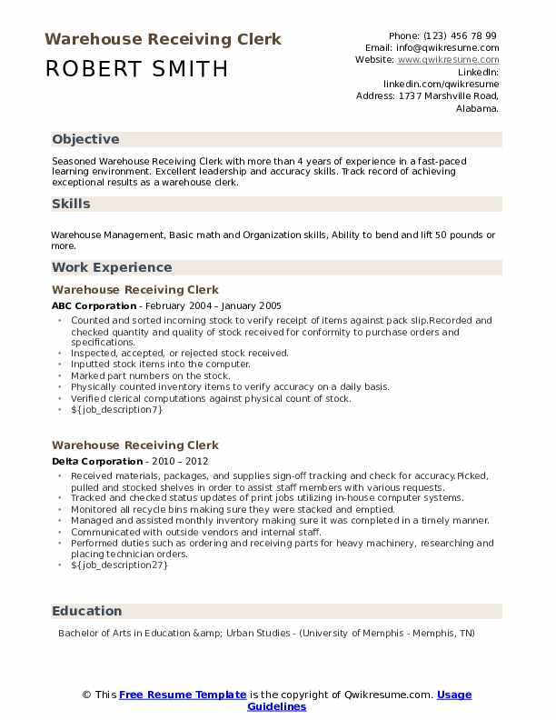 Warehouse Receiving Clerk Resume Samples QwikResume