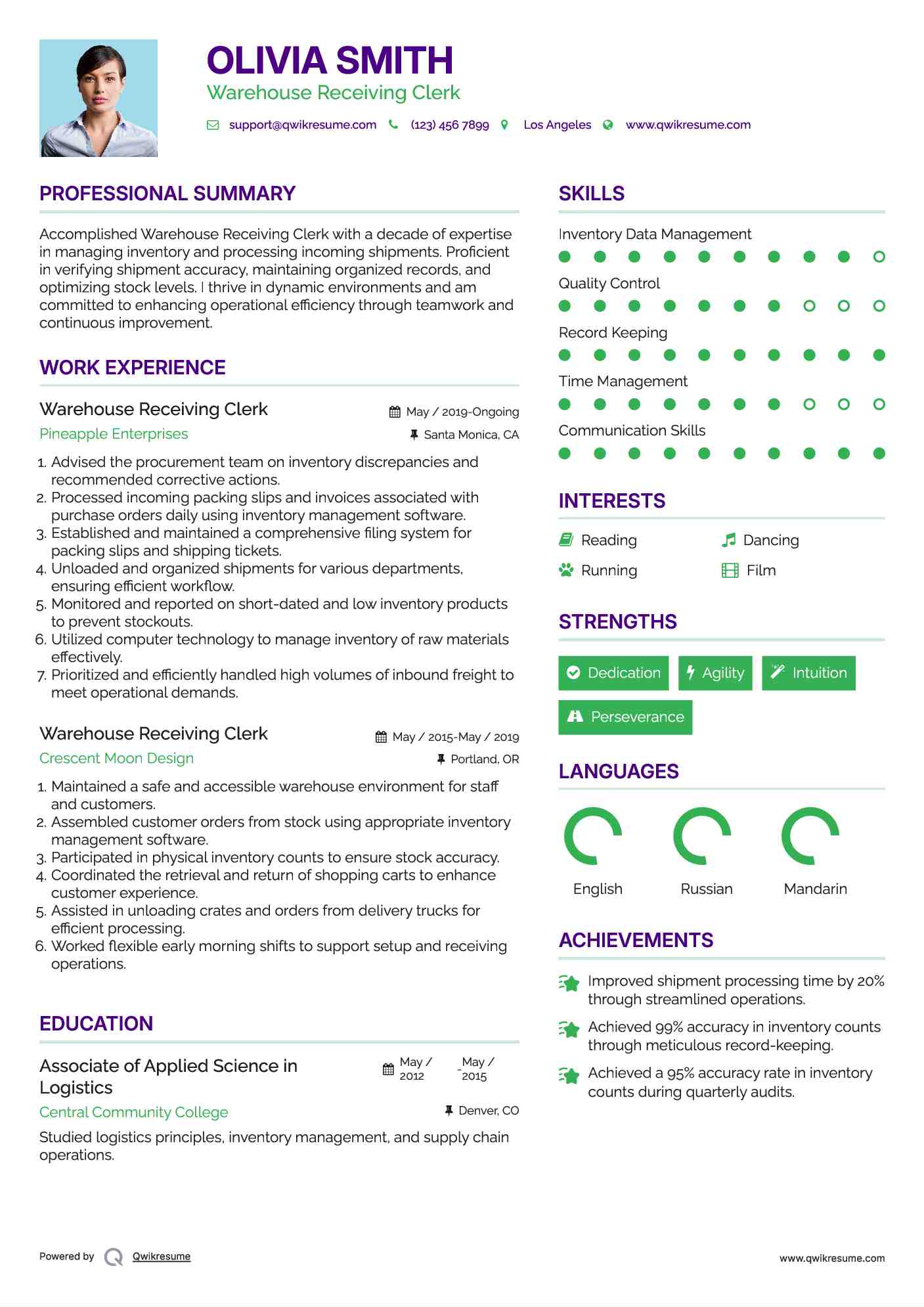 Warehouse Receiving Clerk Resume Model