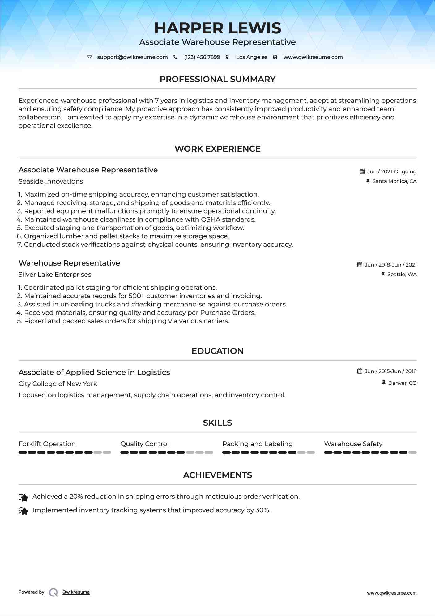 Associate Warehouse Representative Resume Example