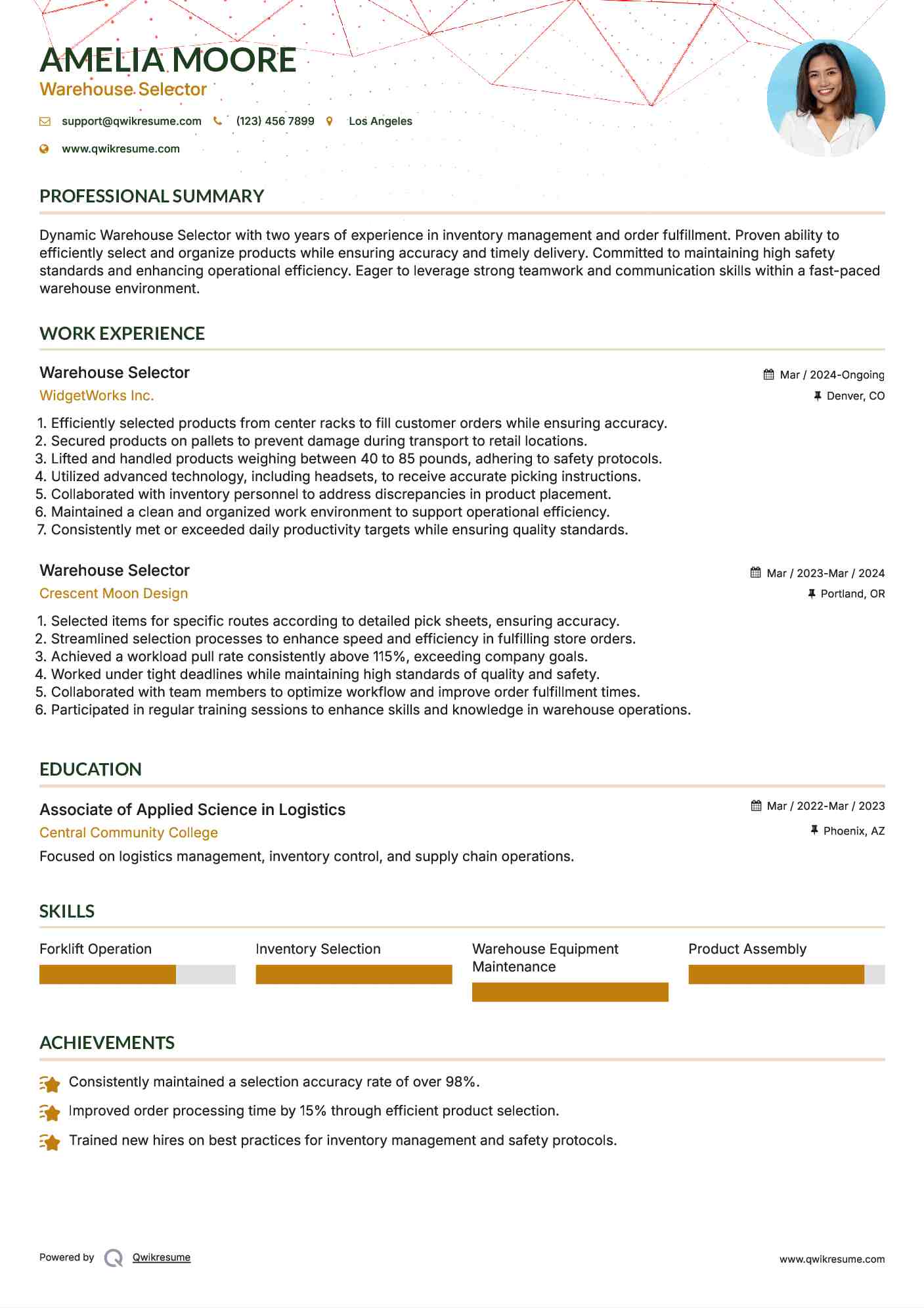 Warehouse Selector Resume Example