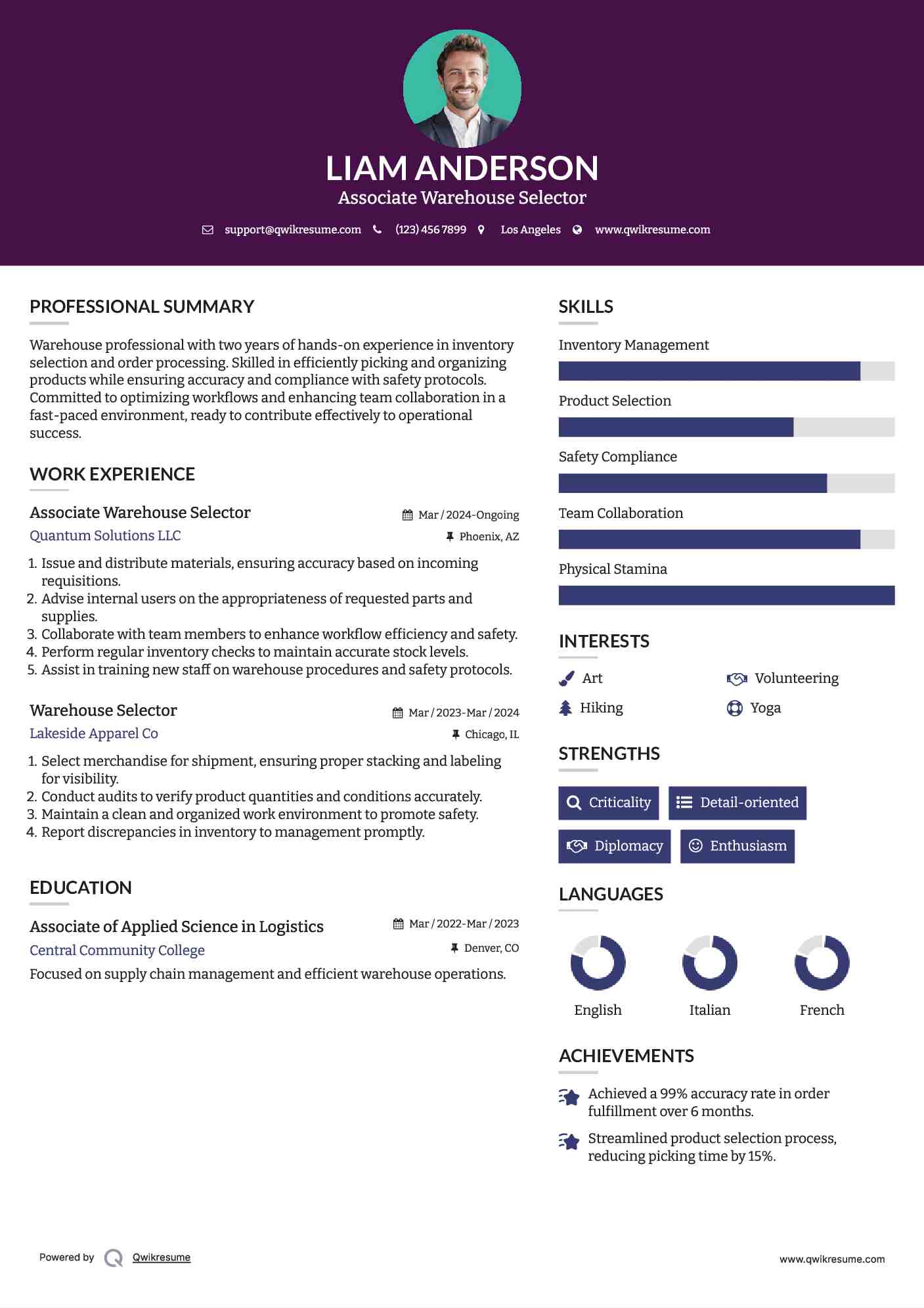 Associate Warehouse Selector  Resume Template