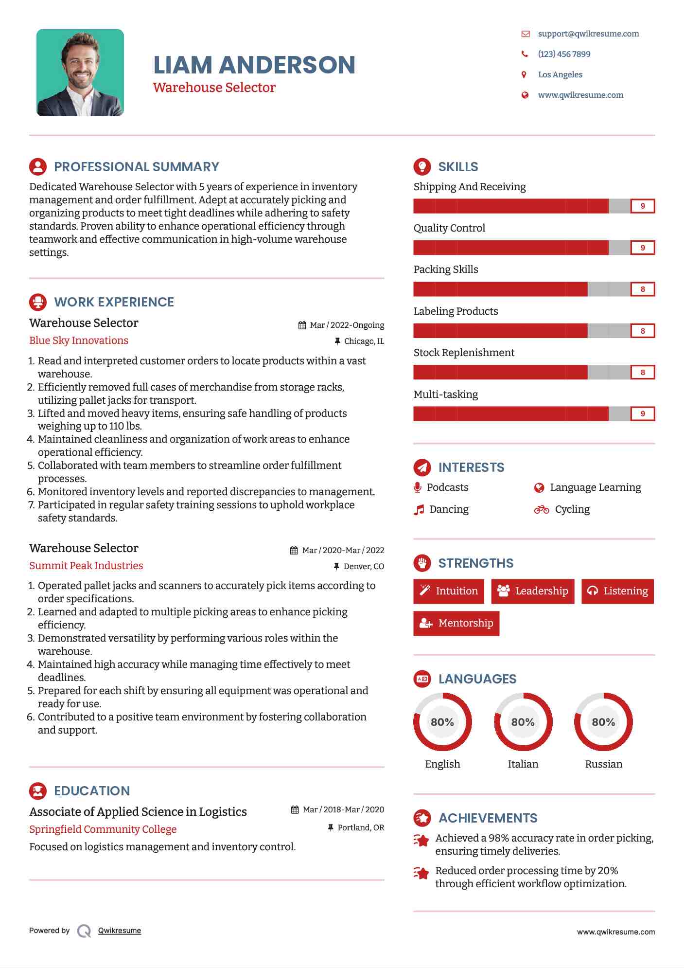 Warehouse Selector Resume Example