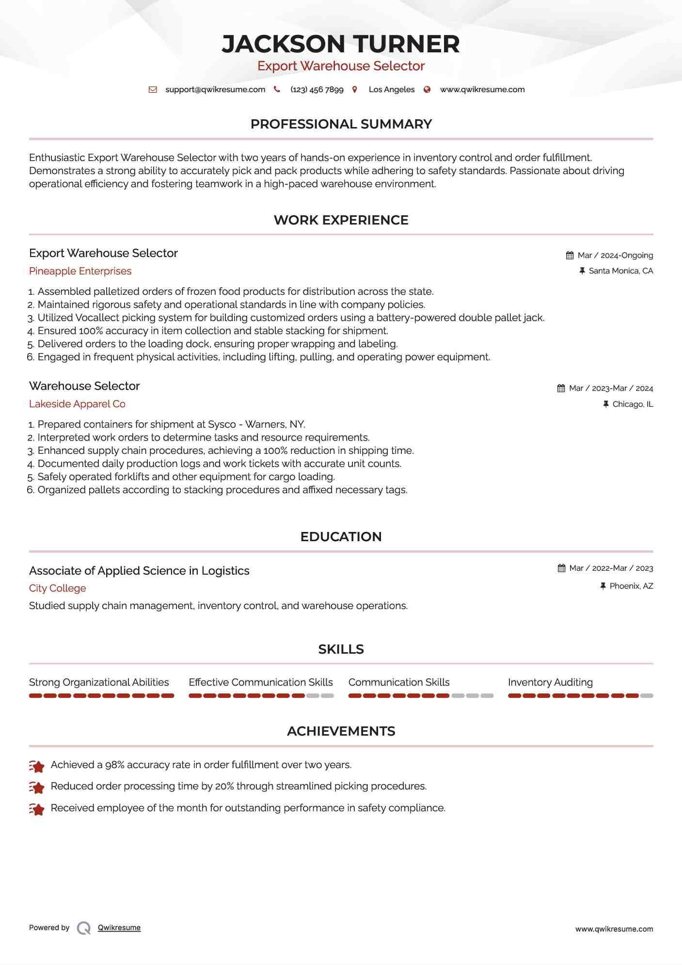 Export Warehouse Selector
 Resume Example