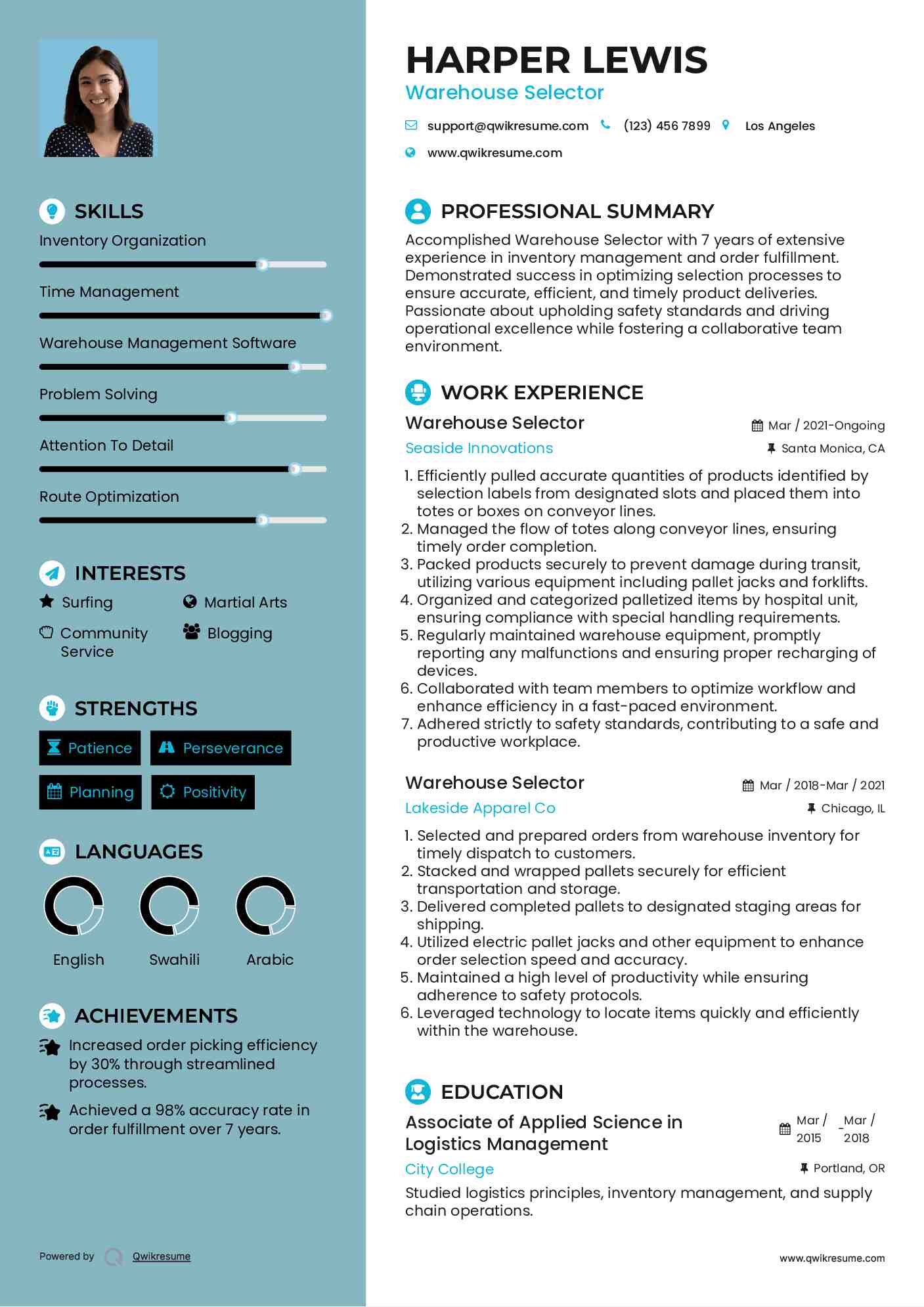 Warehouse Selector Resume Example