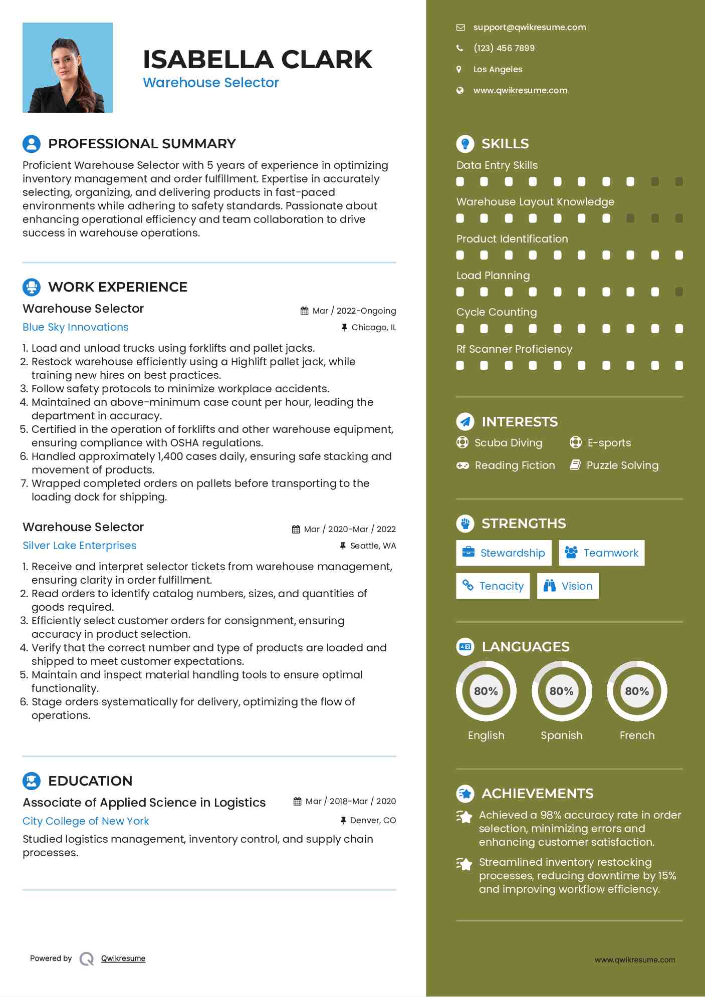 Warehouse Selector Resume Sample