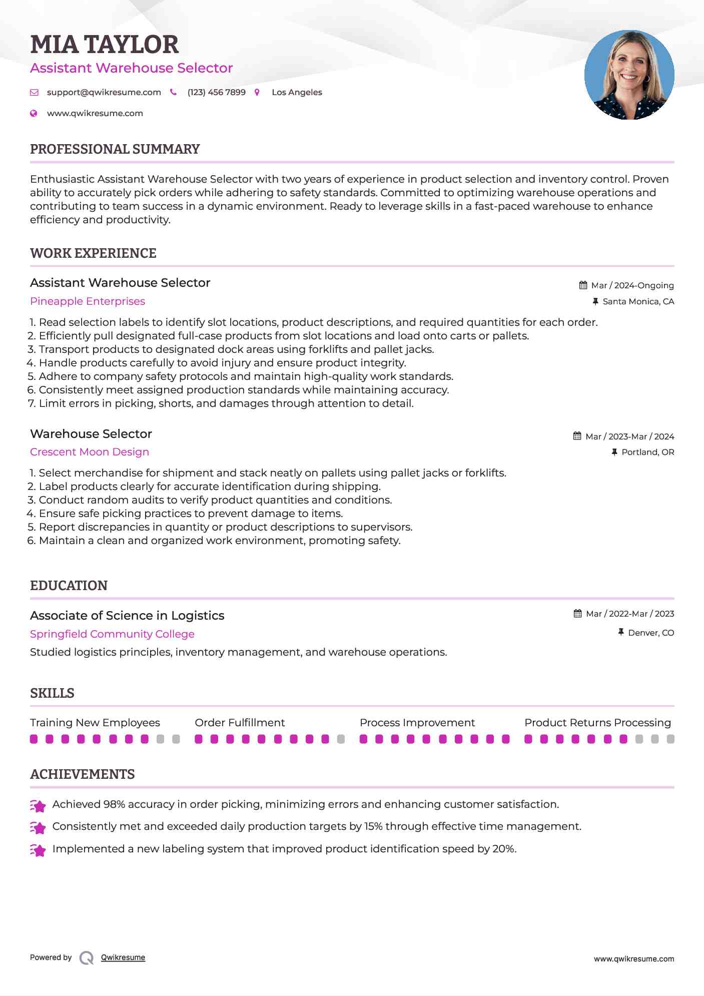 Assistant Warehouse Selector  Resume Template