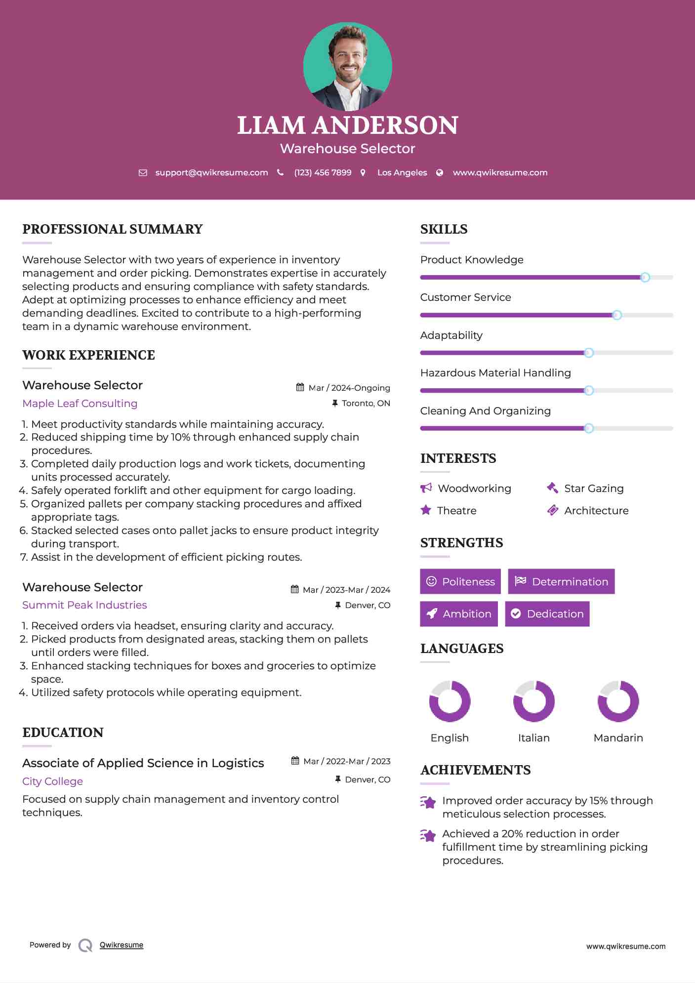 Warehouse Selector Resume Template