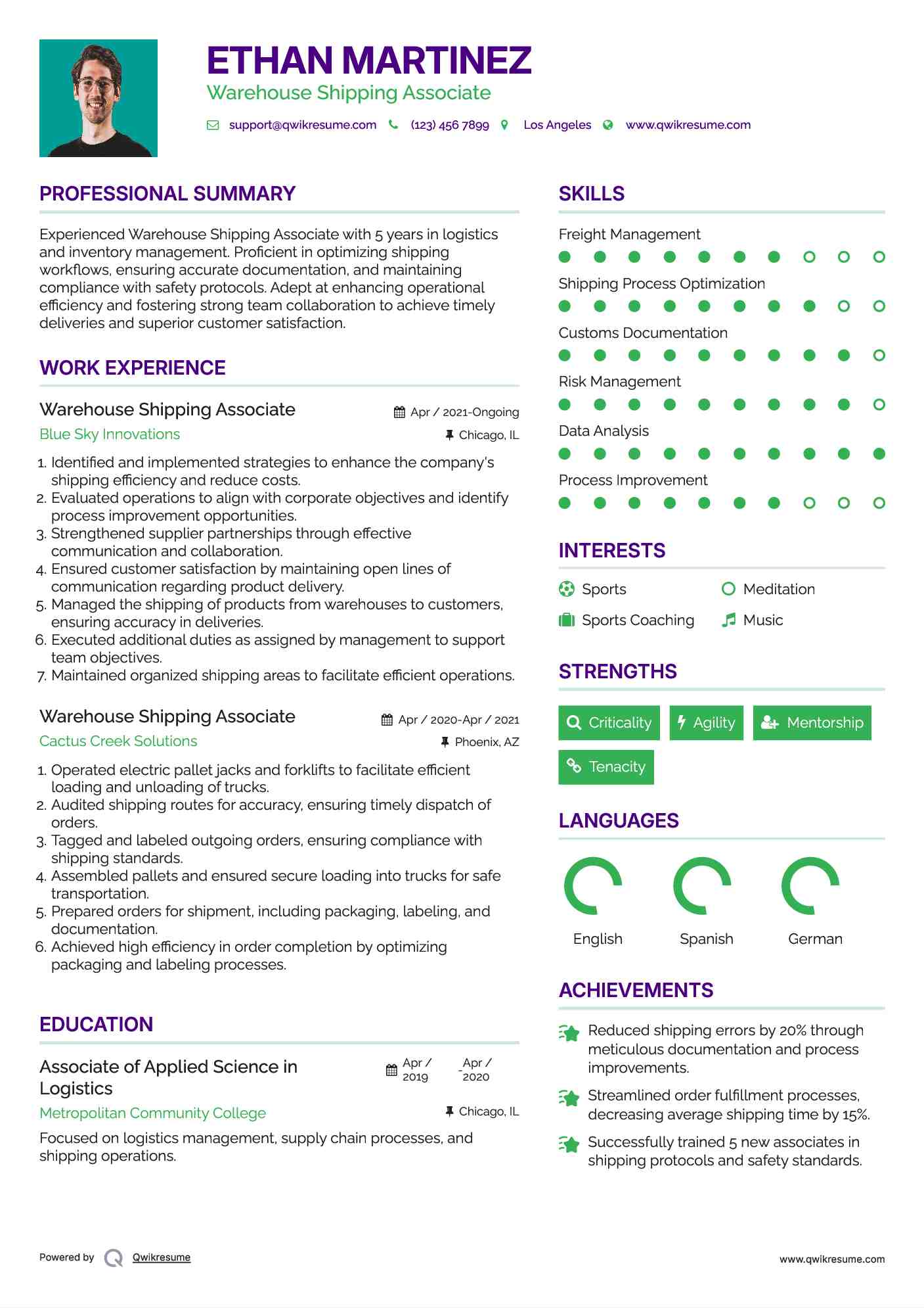 Warehouse Shipping Associate Resume Model