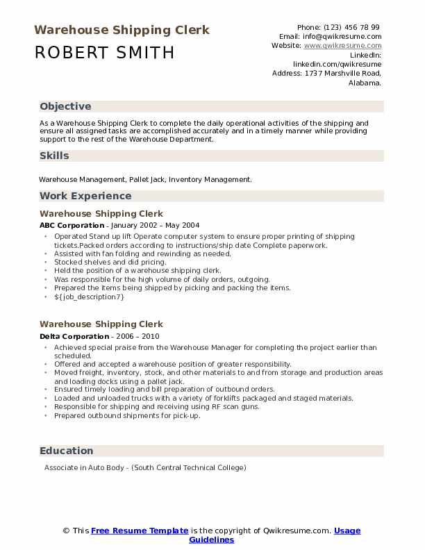 Warehouse Shipping Clerk Resume Samples QwikResume
