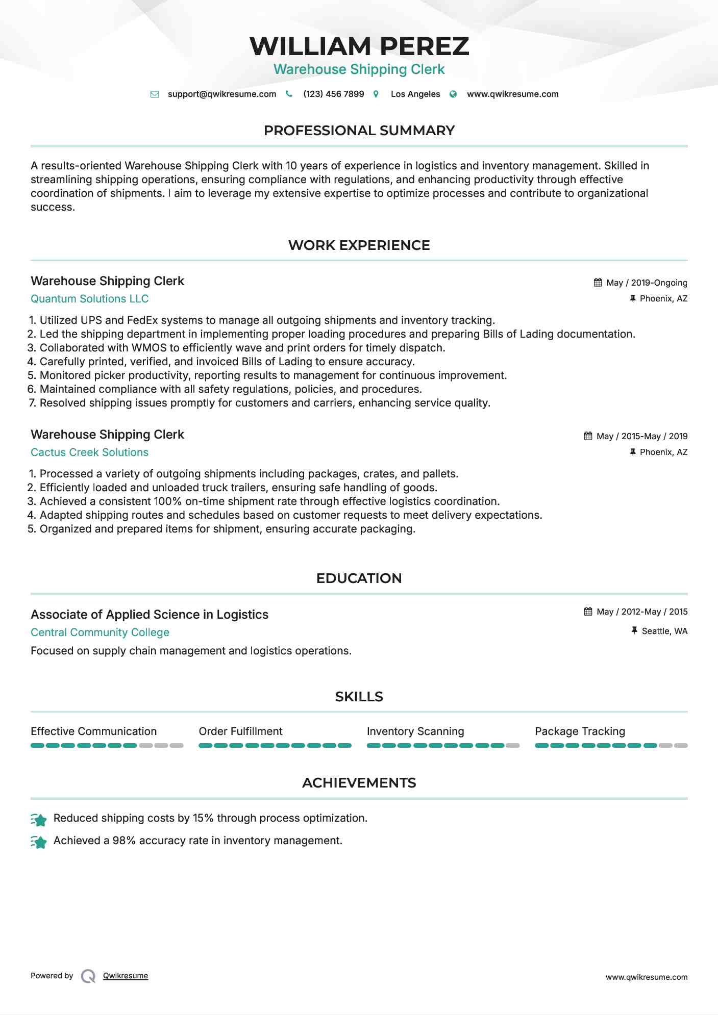 Warehouse Shipping Clerk Resume Example