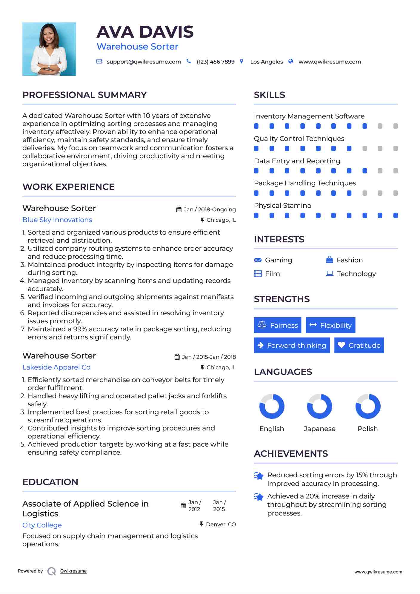 Warehouse Sorter Resume Sample