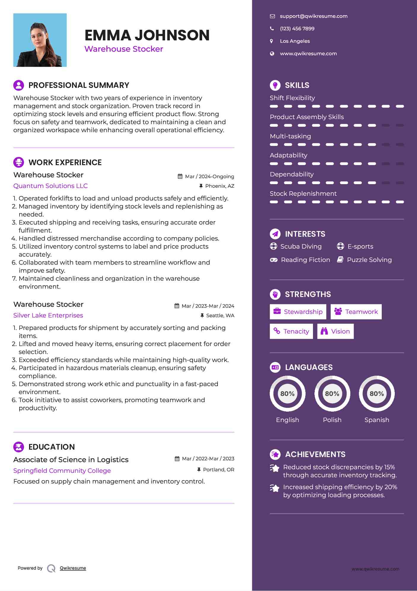 Warehouse Stocker Resume Model
