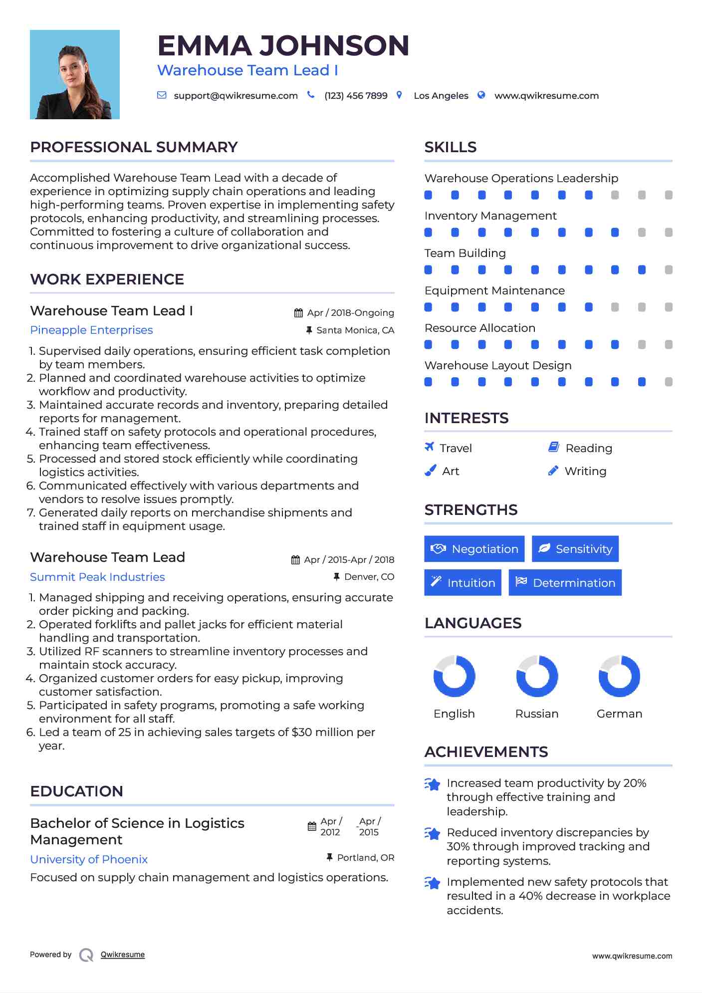Warehouse Team Lead I Resume Example