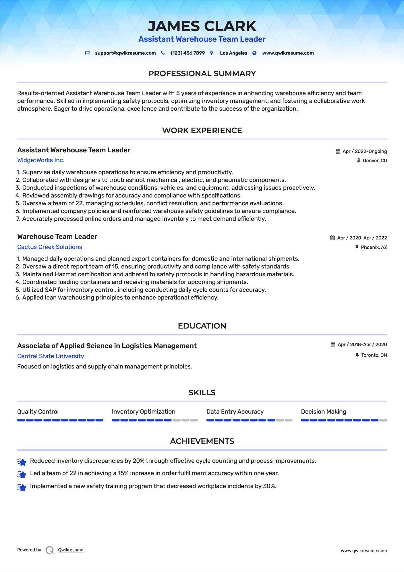Assistant Warehouse Team Leader Resume Template