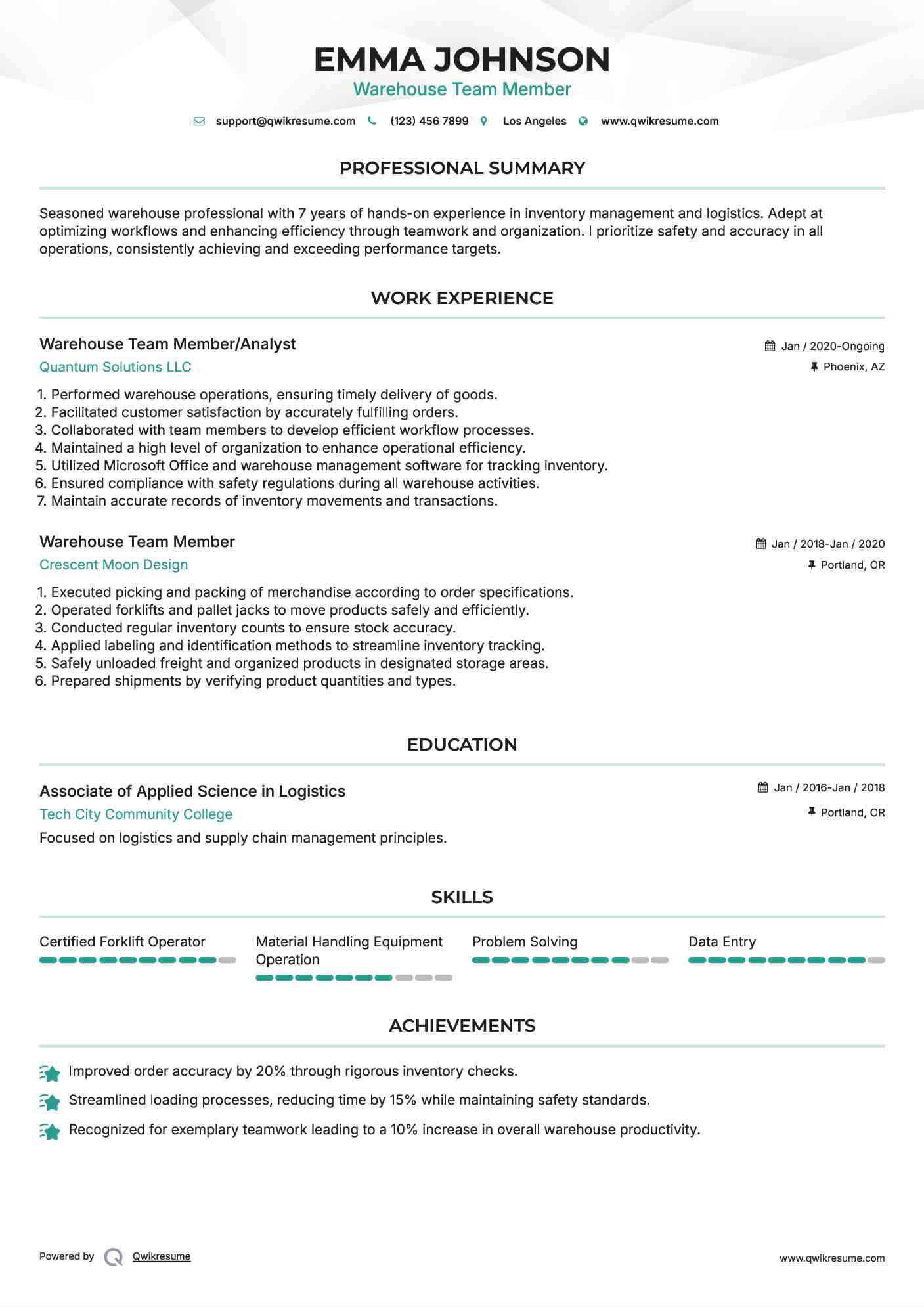 Warehouse Team Member/Analyst Resume Sample