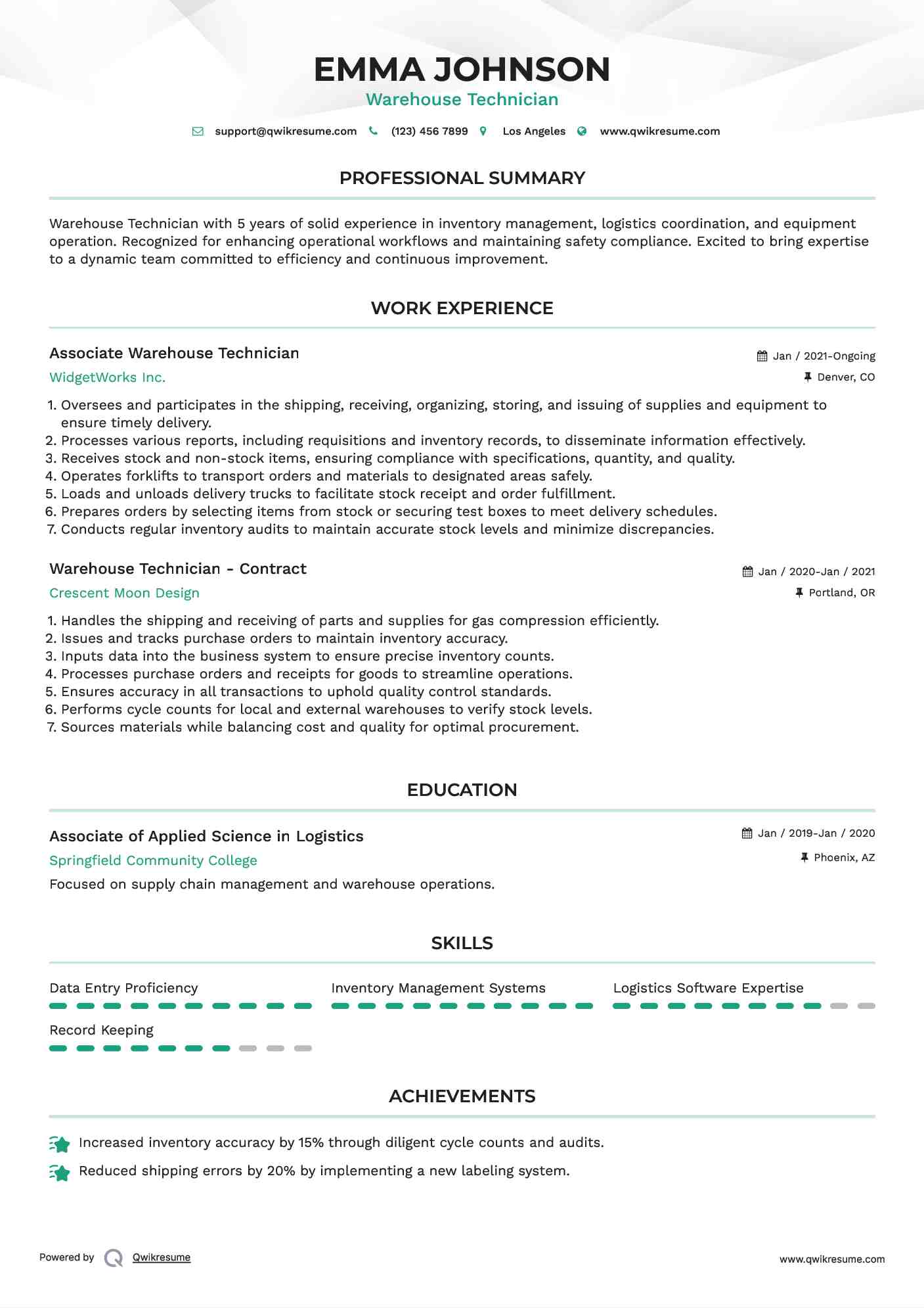 Associate Warehouse Technician Resume Example