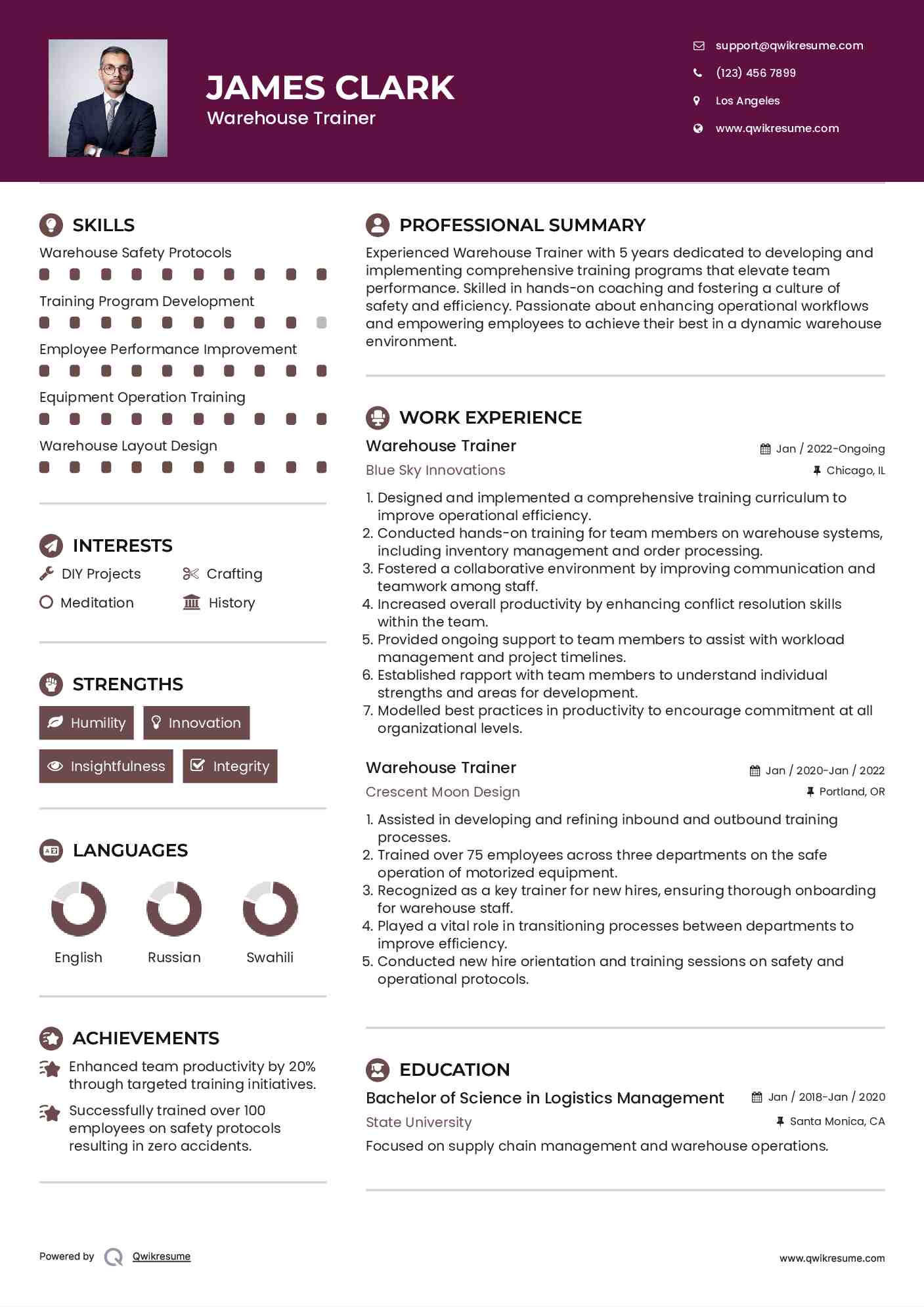 Warehouse Trainer Resume Example