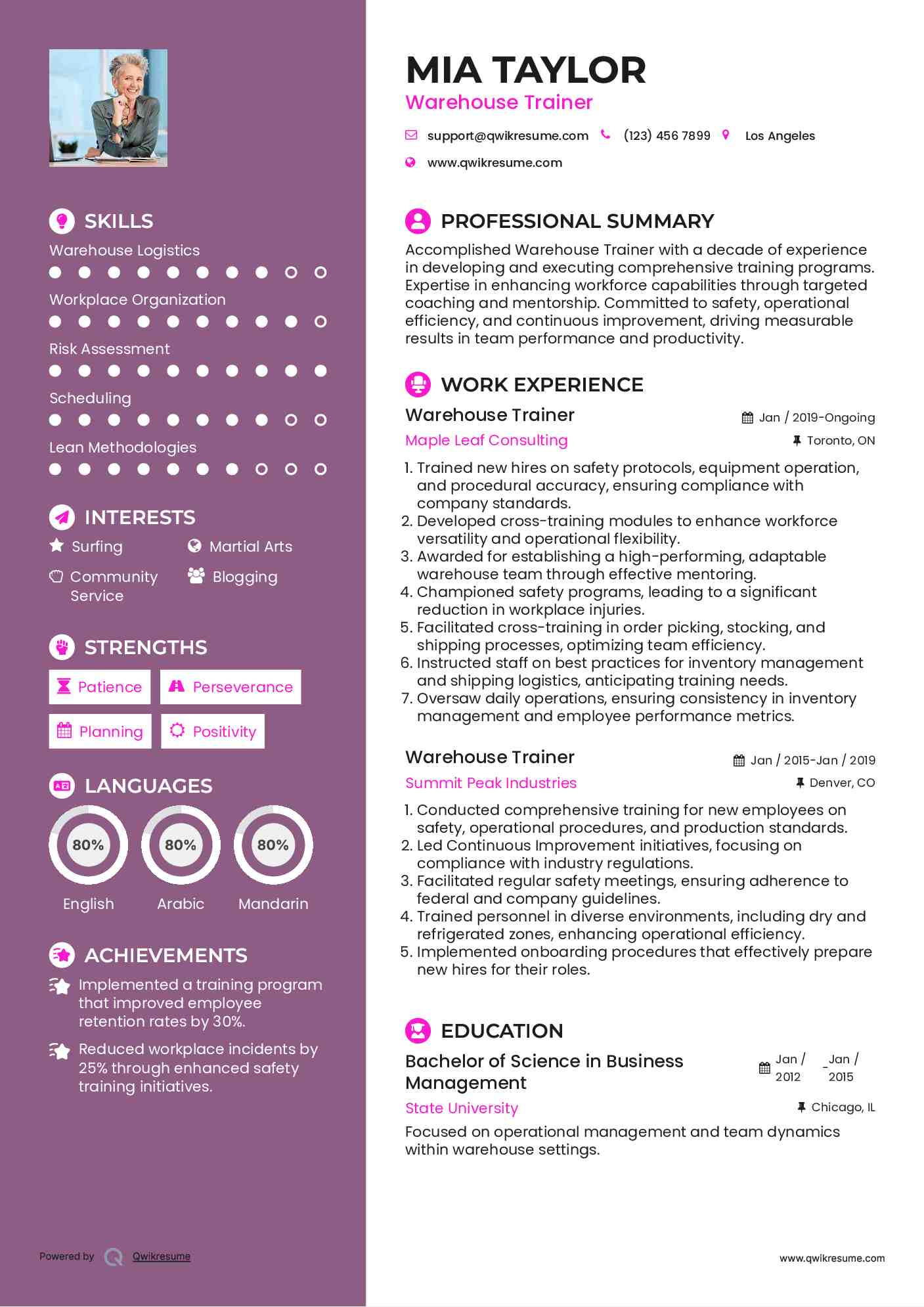 Warehouse Trainer Resume Example