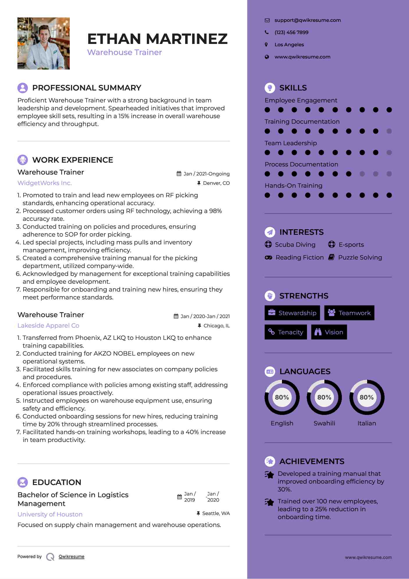 Warehouse Trainer Resume Example