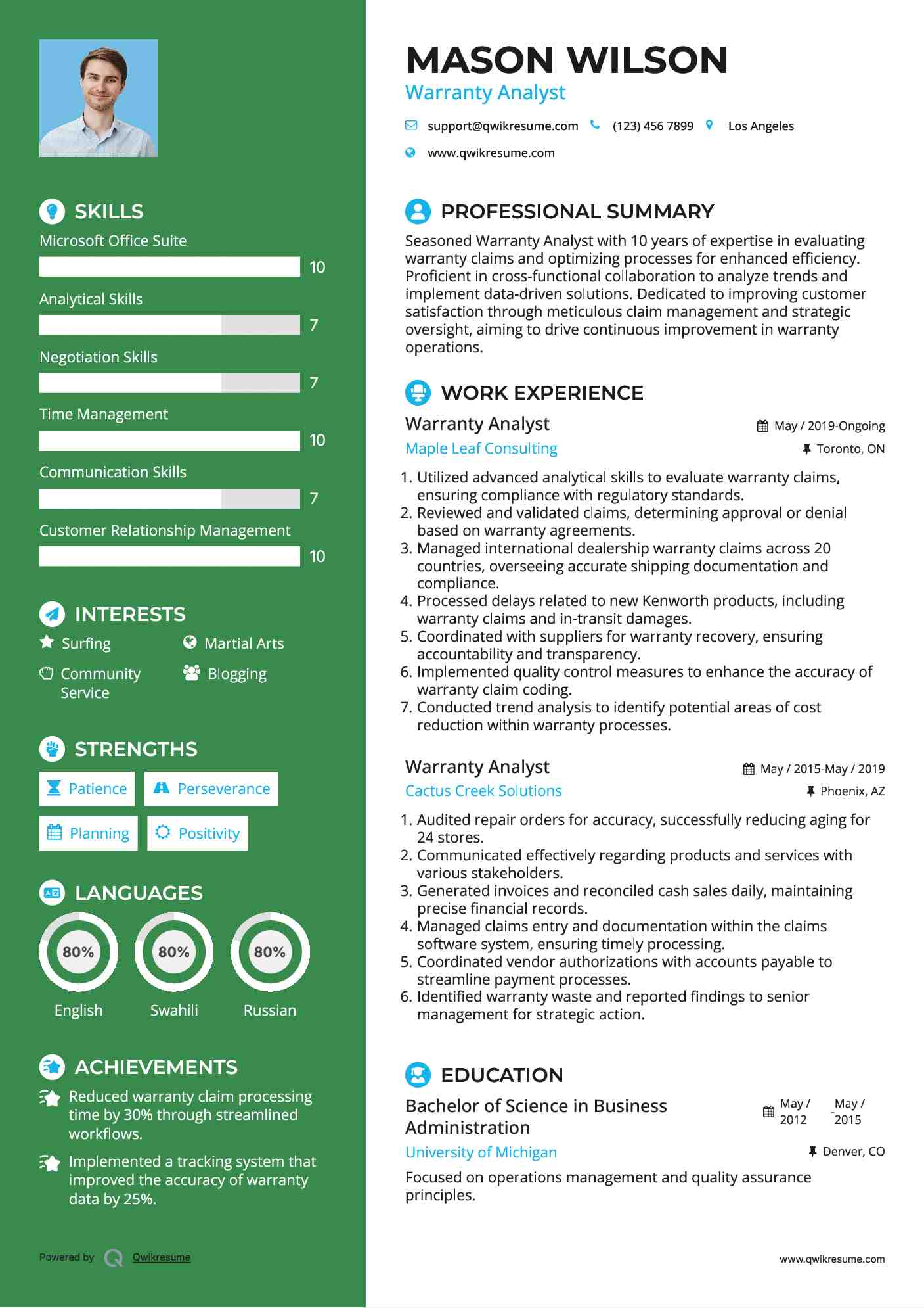 Warranty Analyst Resume Example