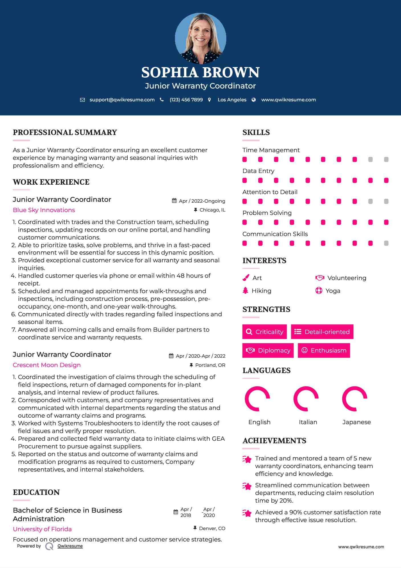 Junior Warranty Coordinator Resume Format