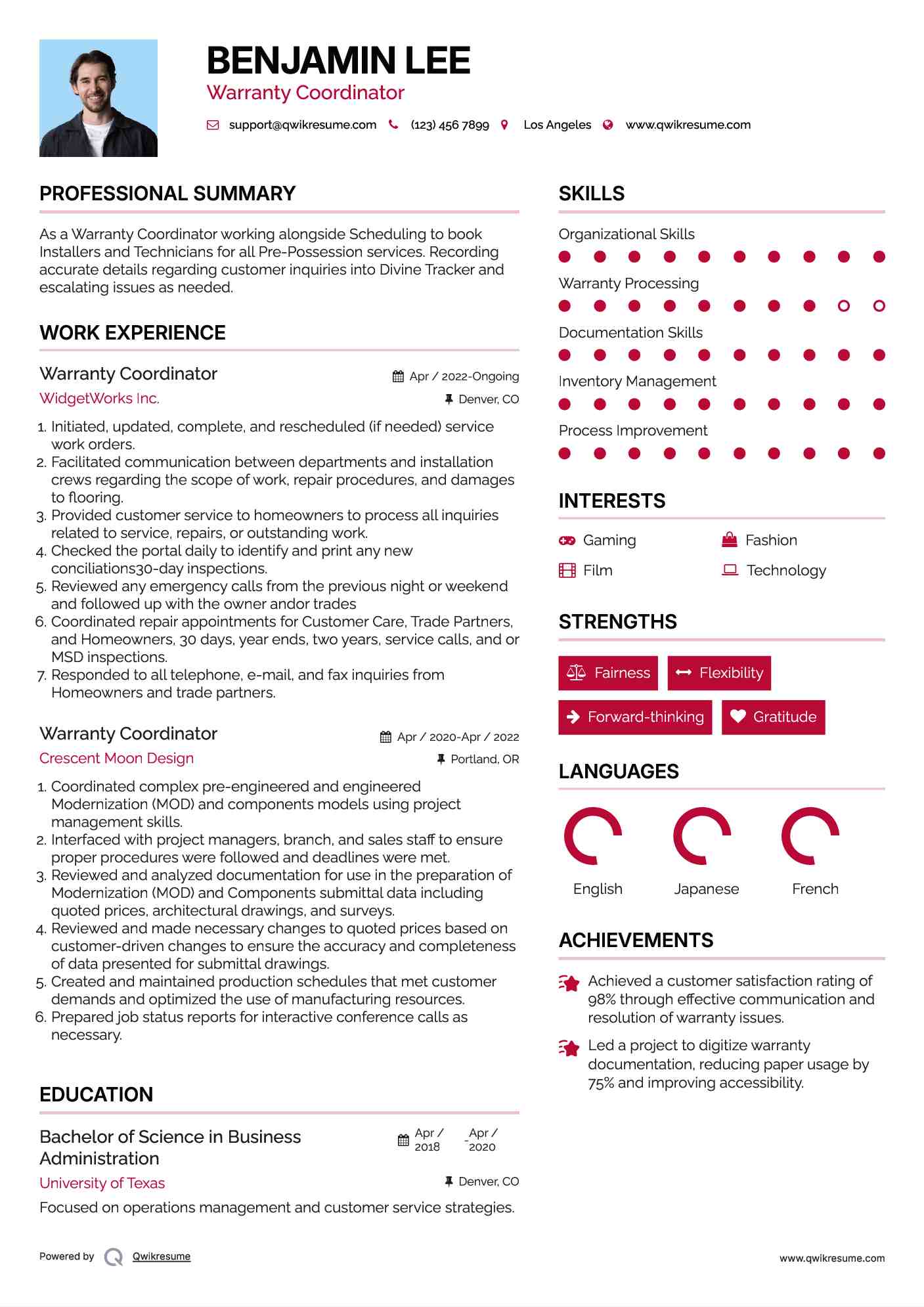 Warranty Coordinator Resume Example