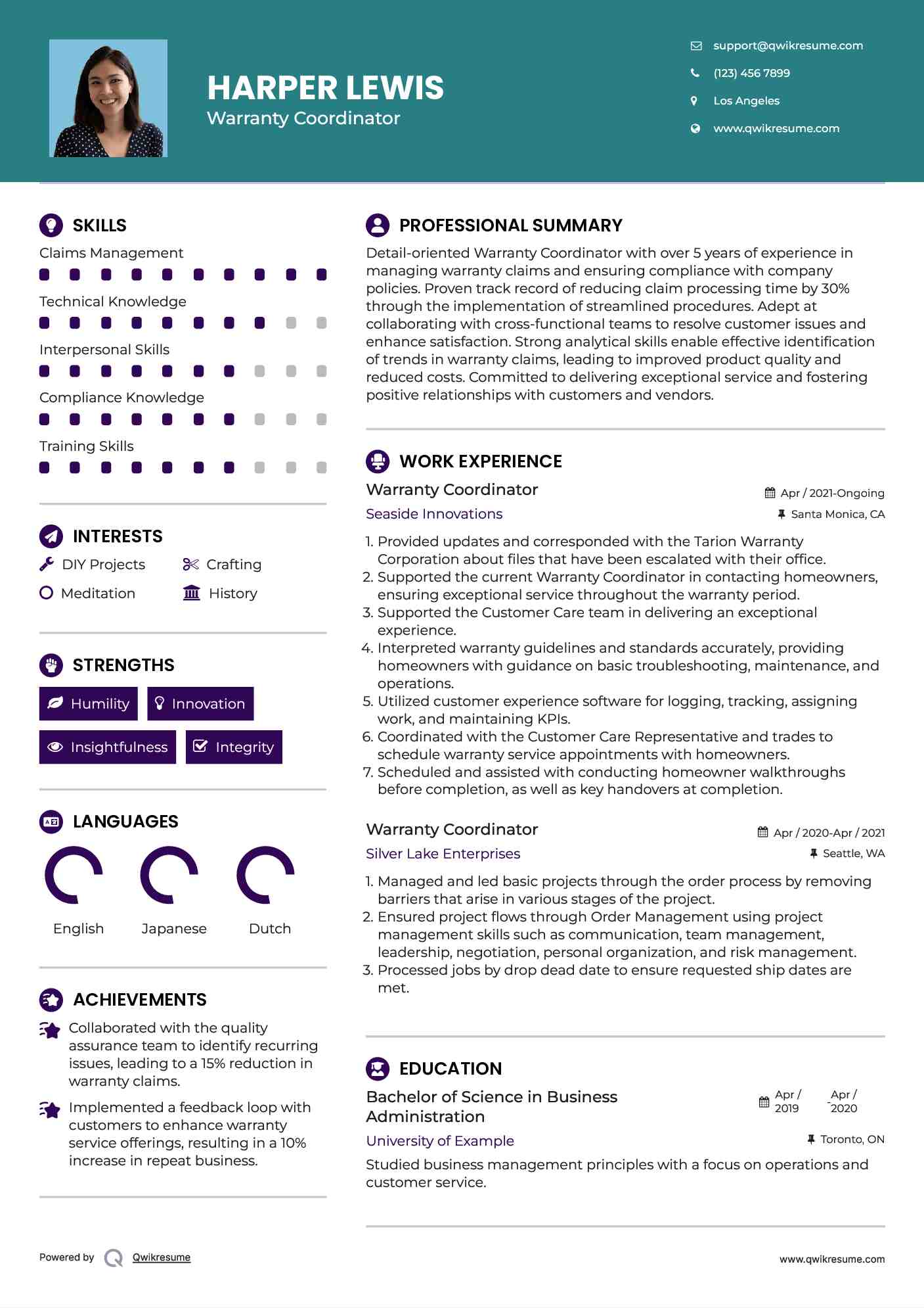 Warranty Coordinator Resume Template