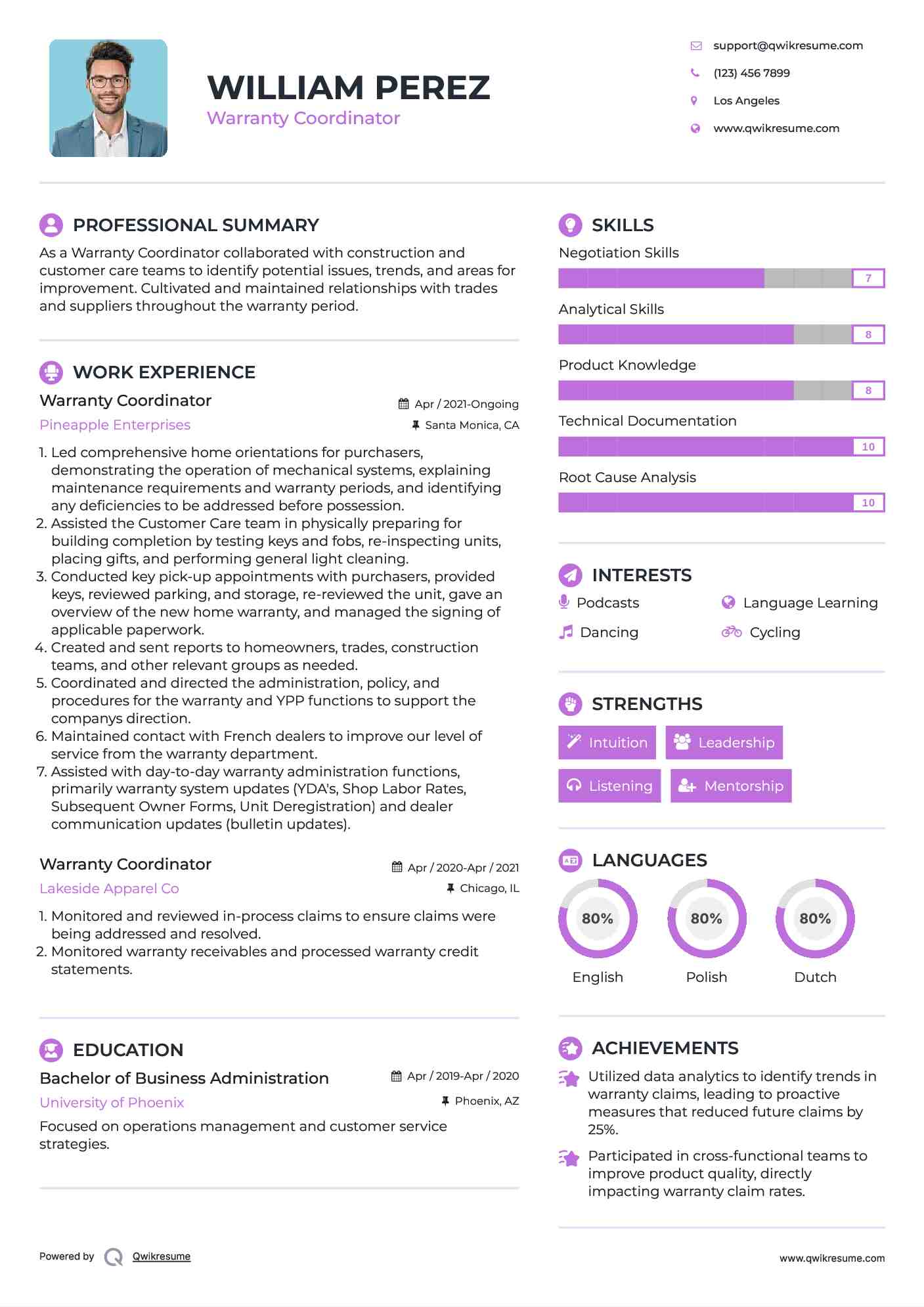 Warranty Coordinator Resume Template