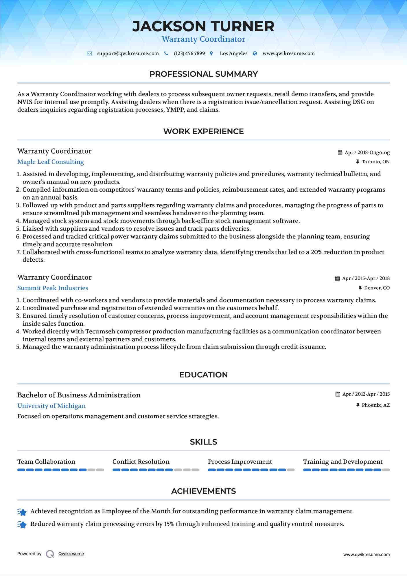 Warranty Coordinator Resume Sample