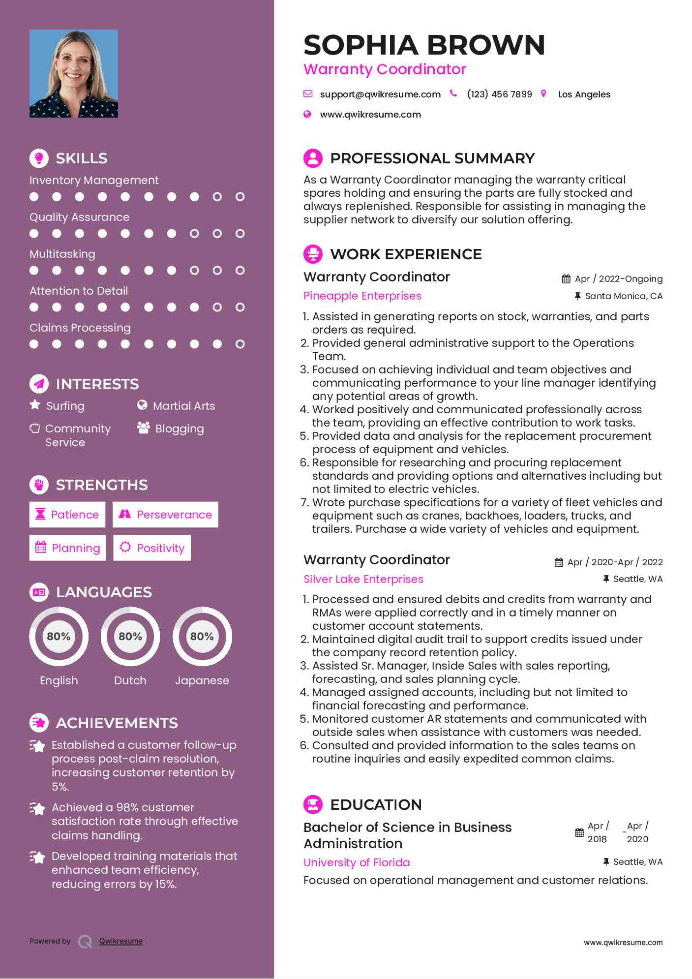 Warranty Coordinator Resume Example