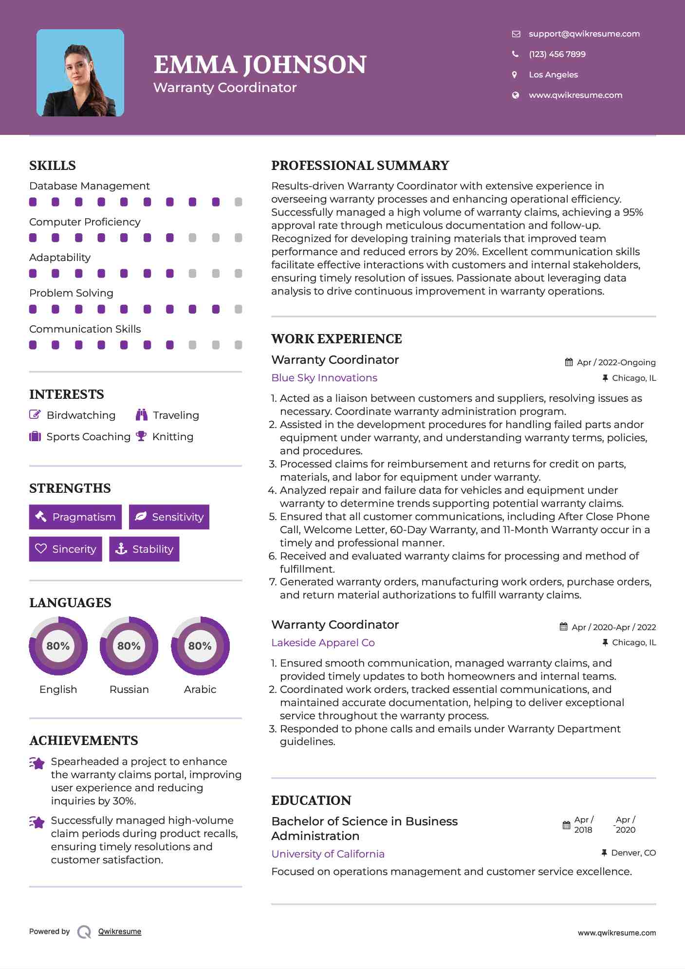 Warranty Coordinator Resume Template