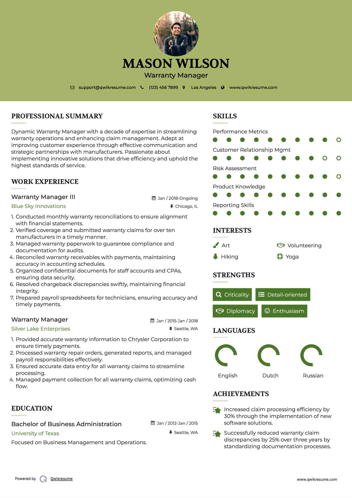 Warranty Manager III Resume Format