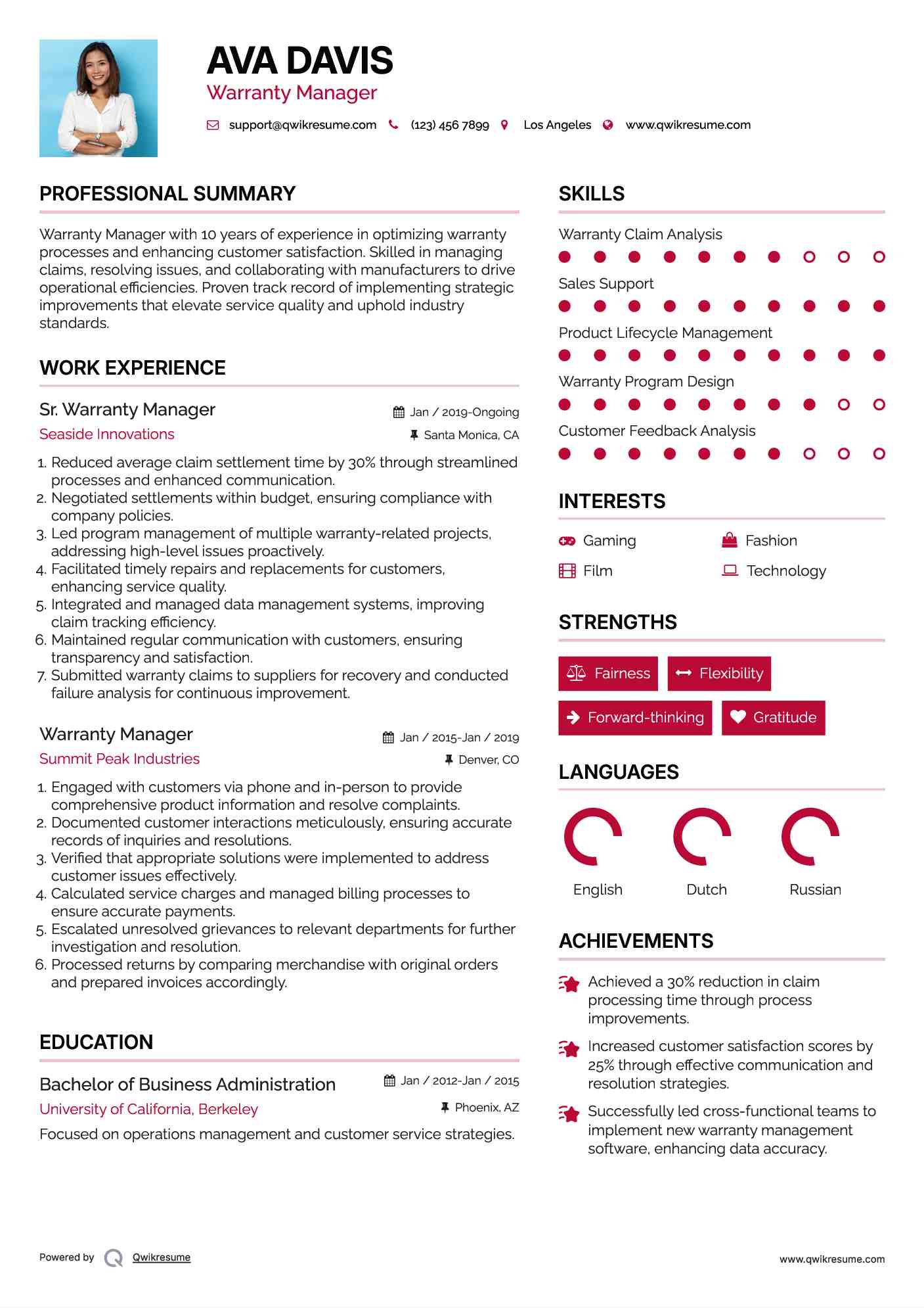 Warranty Manager Resume Samples QwikResume