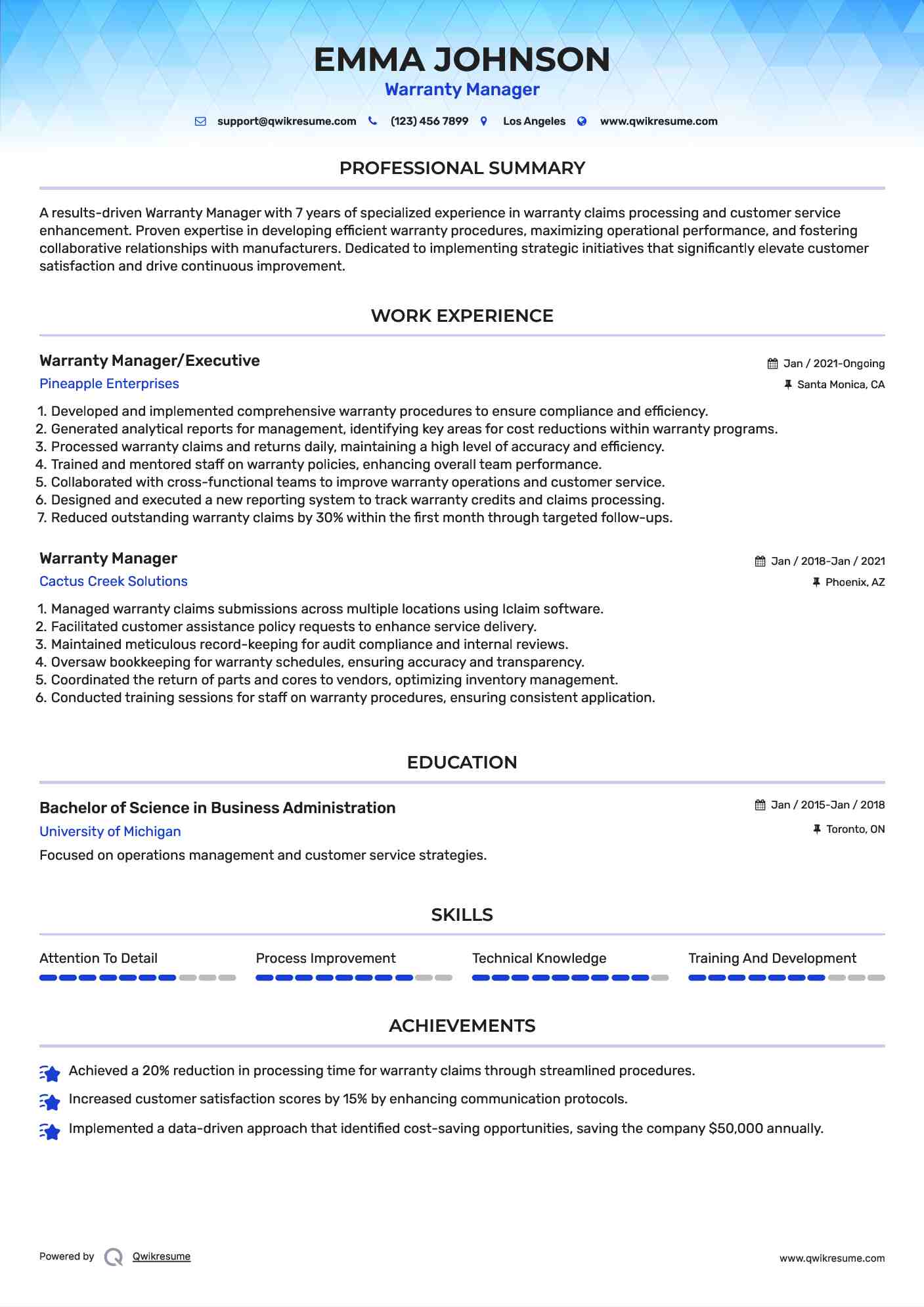 Warranty Manager/Executive Resume Model