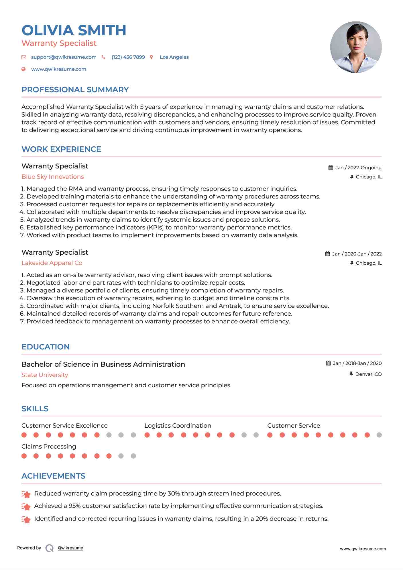 Warranty Specialist Resume Sample