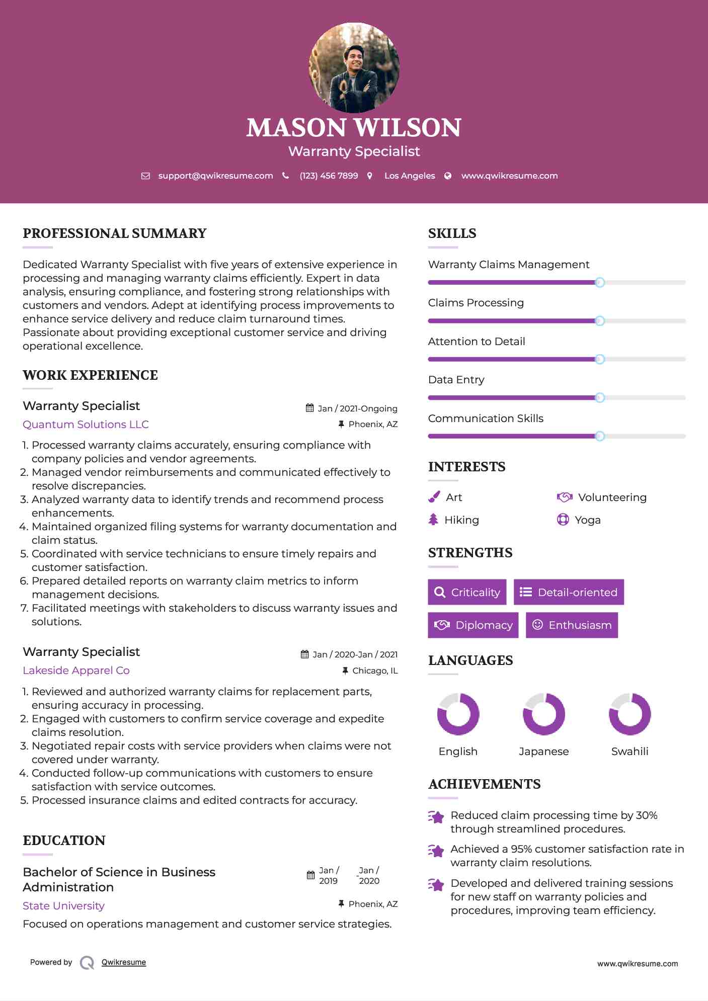 Warranty Specialist Resume Model