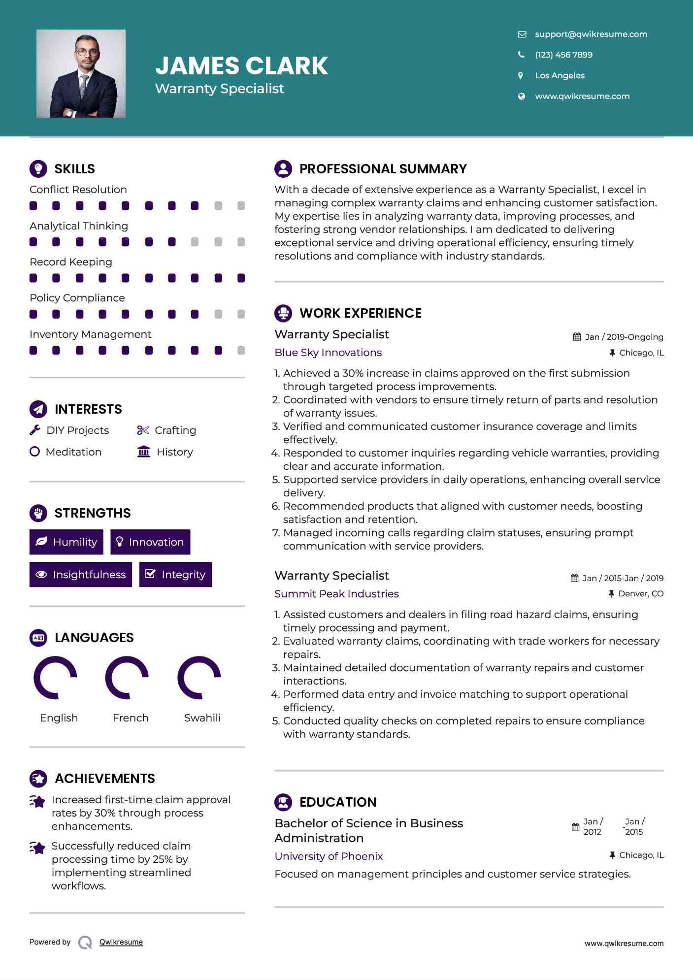 Warranty Specialist Resume Template