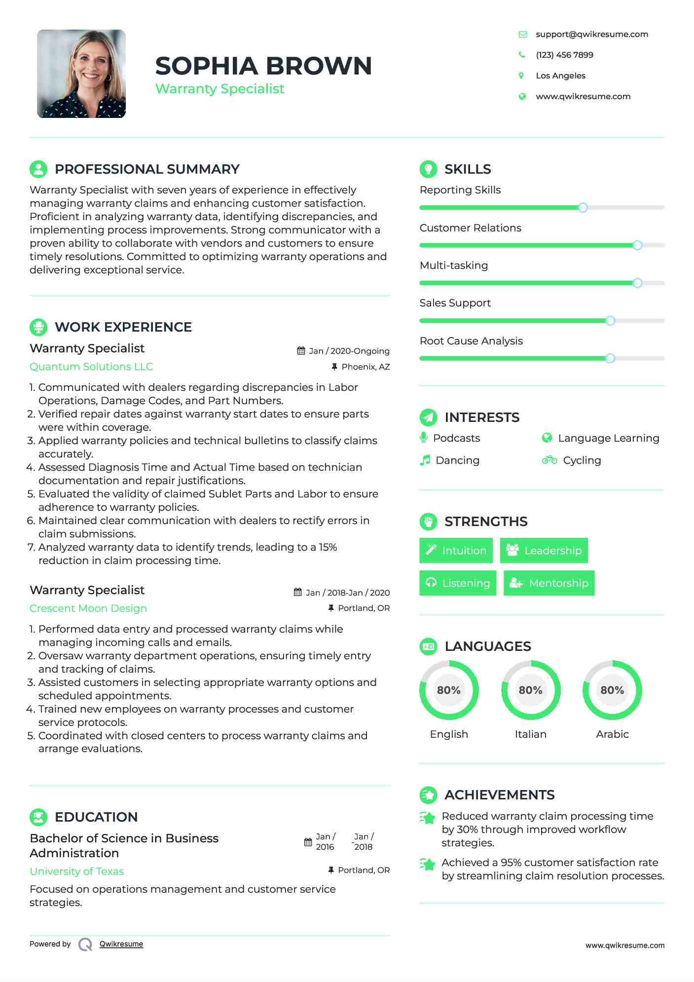 Warranty Specialist Resume Model
