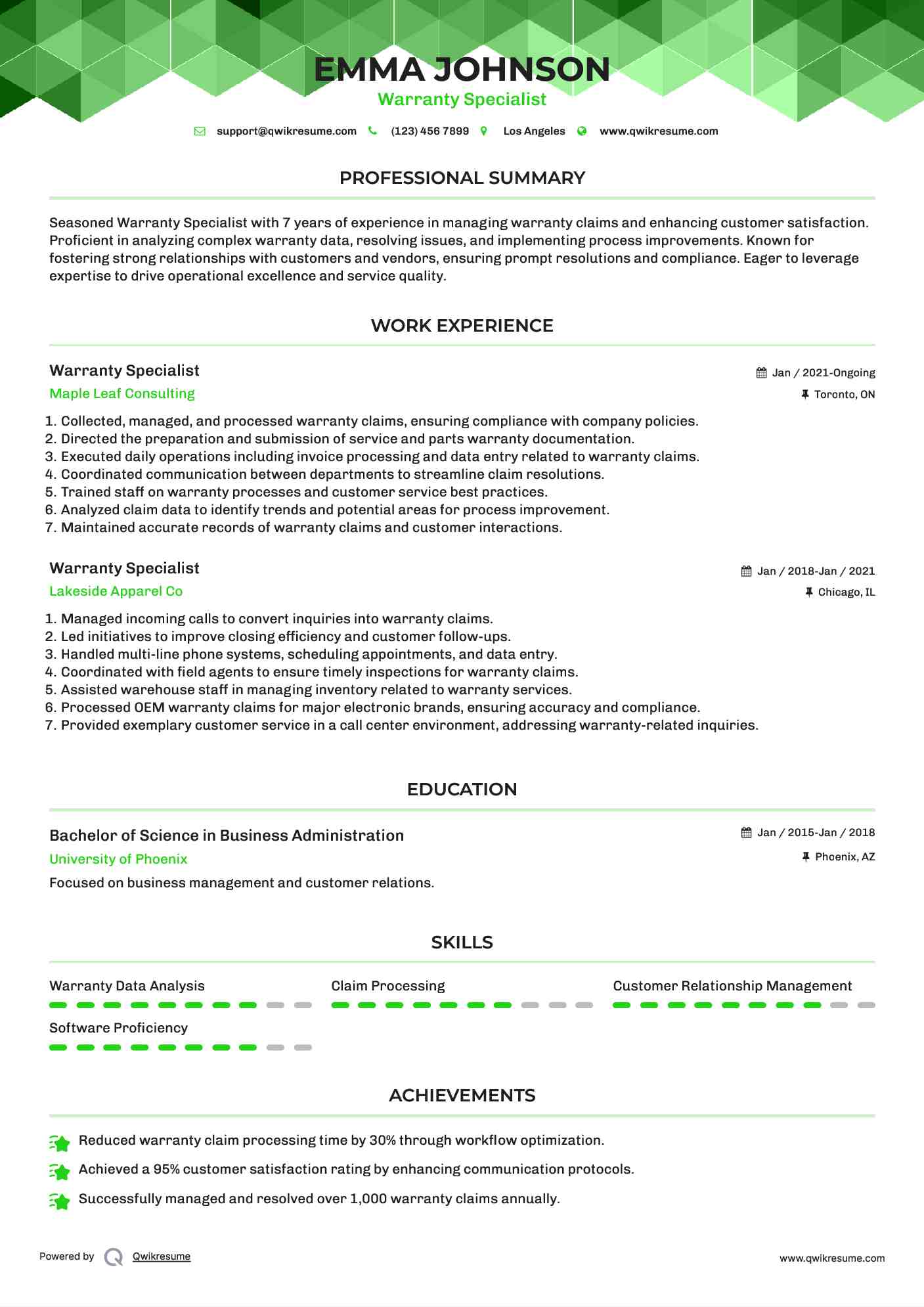 Warranty Specialist Resume Format