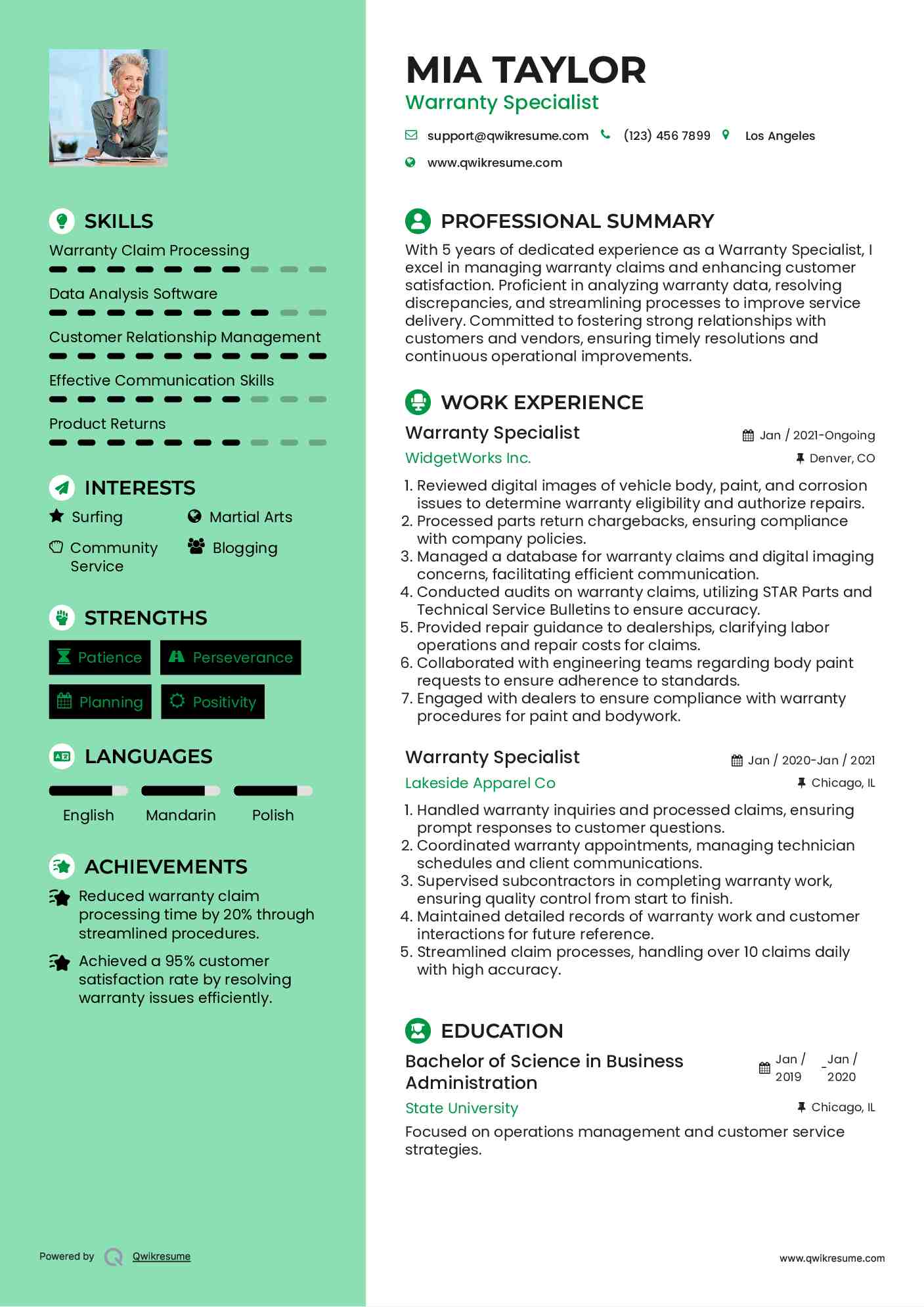 Warranty Specialist Resume Format