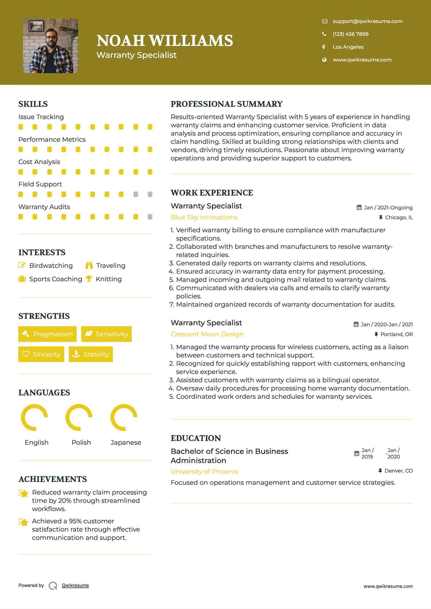 Warranty Specialist Resume Template
