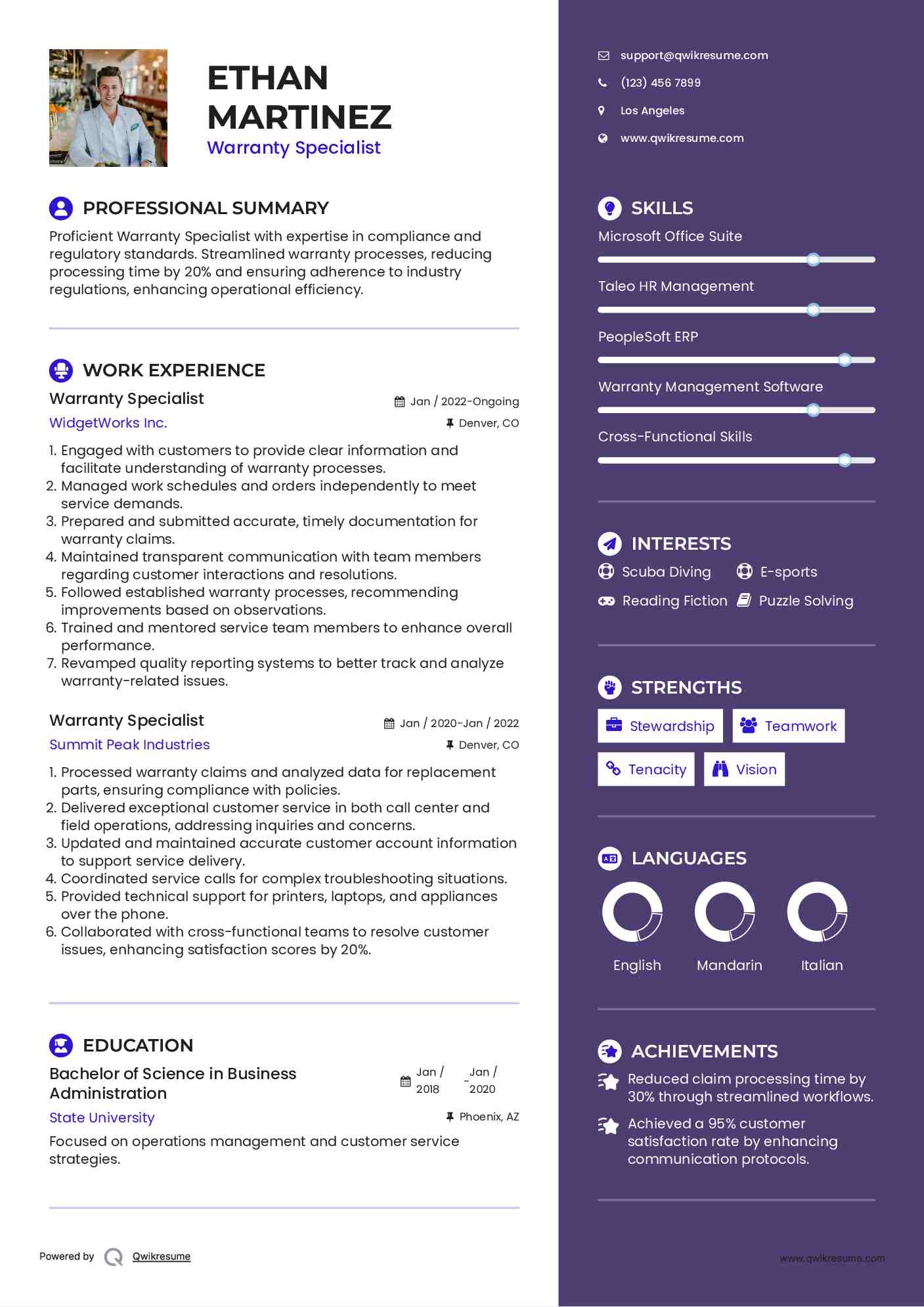 Warranty Specialist Resume Model