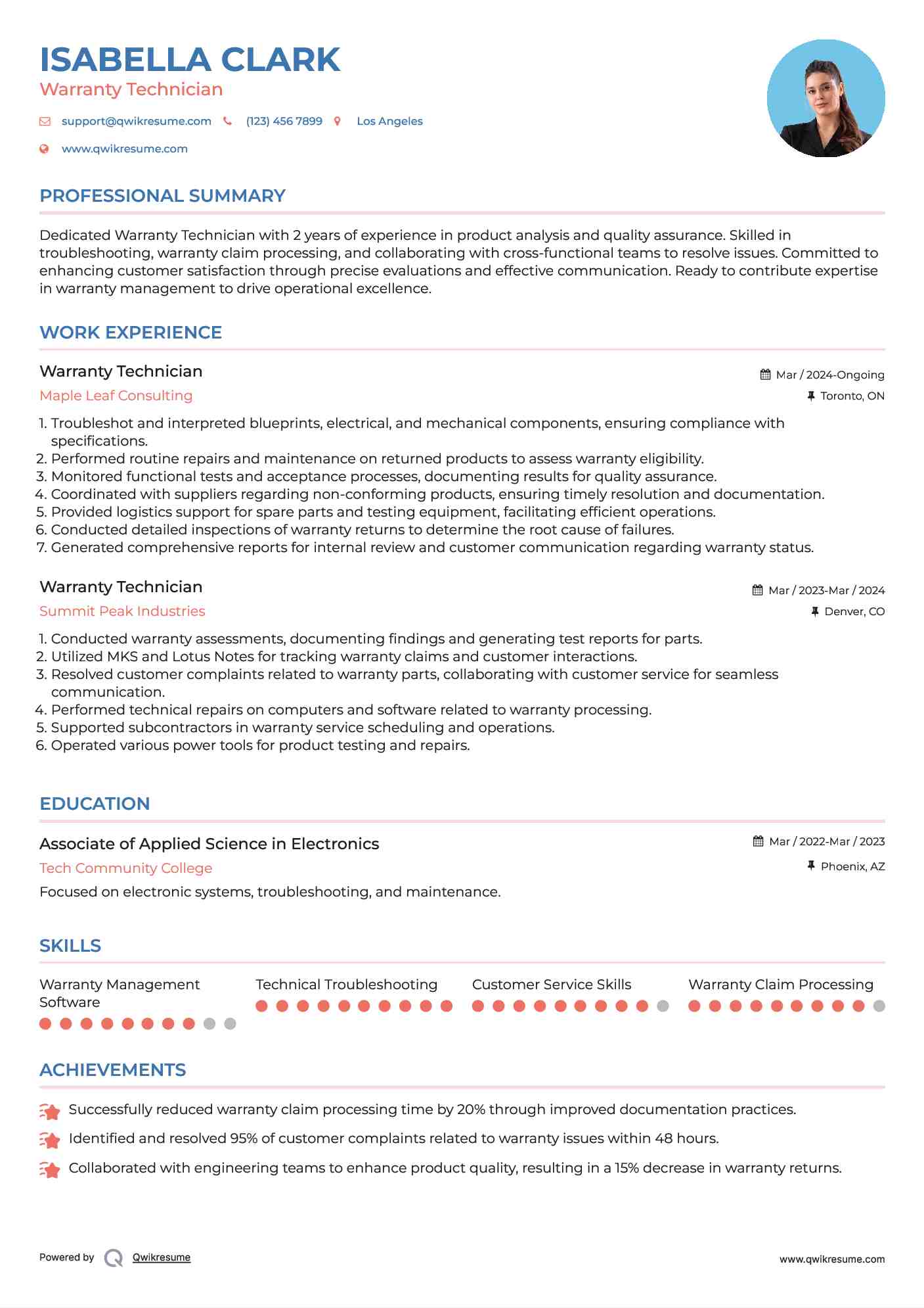 Warranty Technician Resume Samples QwikResume