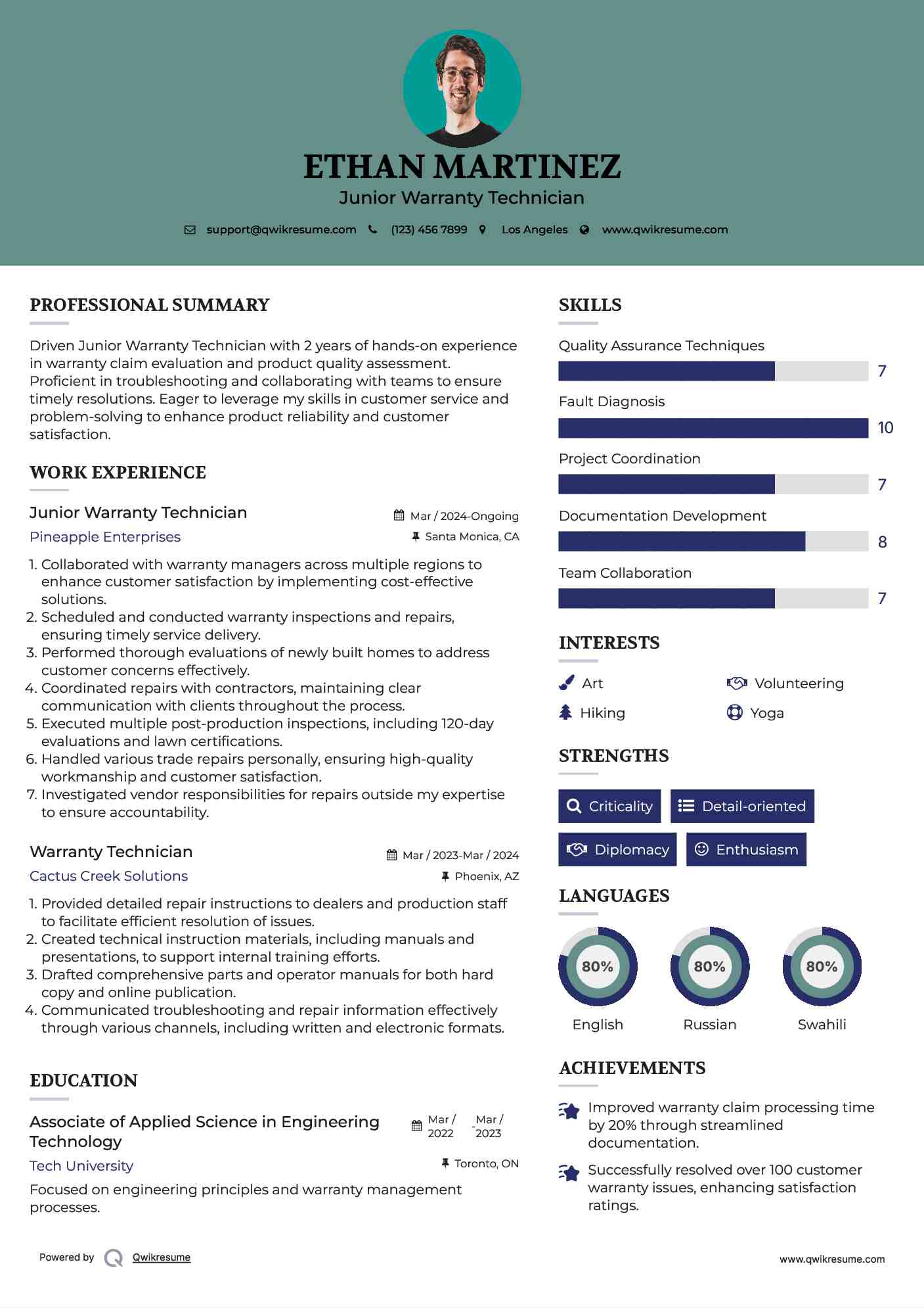 Warranty Technician Resume Samples QwikResume