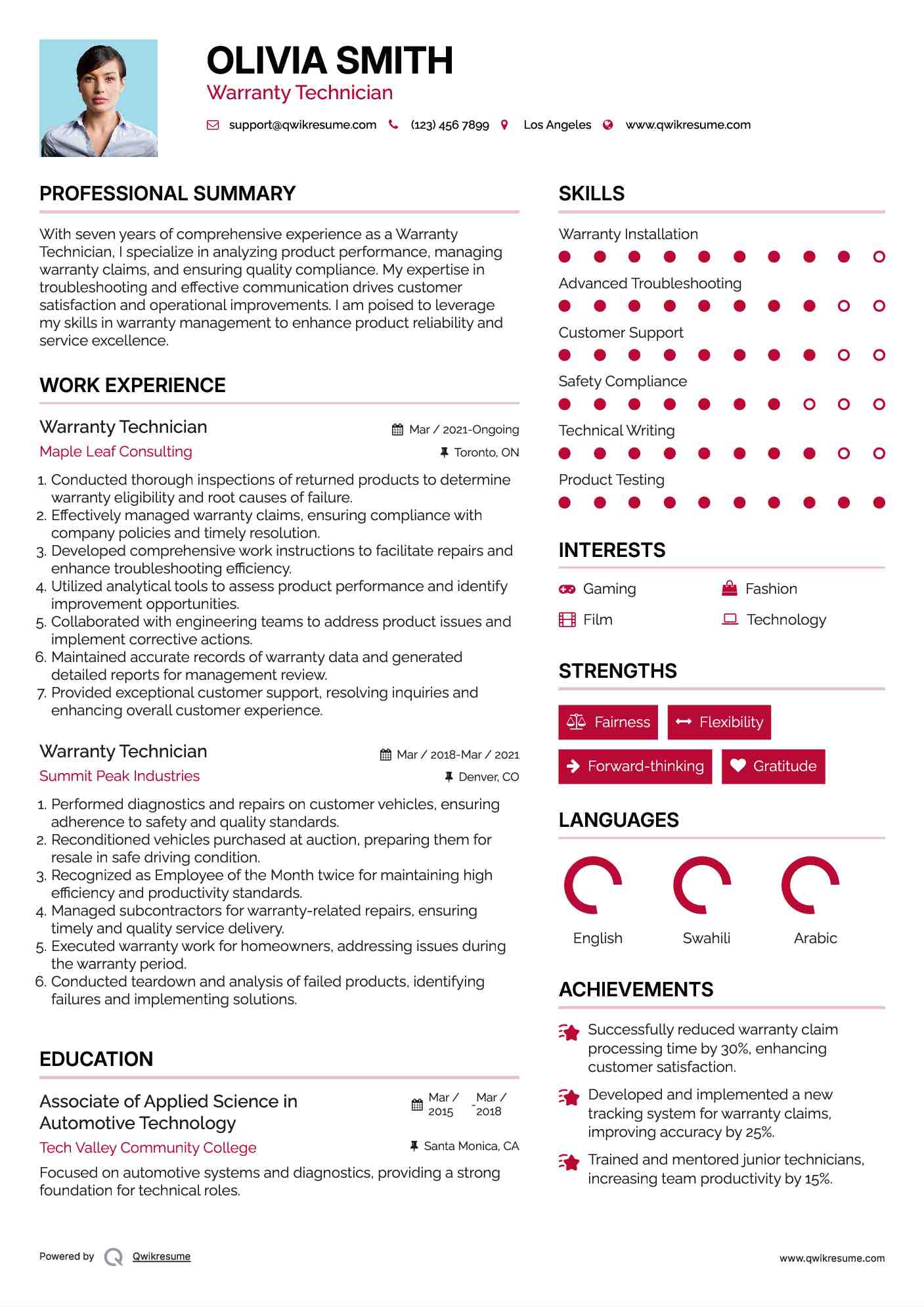 Warranty Technician Resume Samples QwikResume