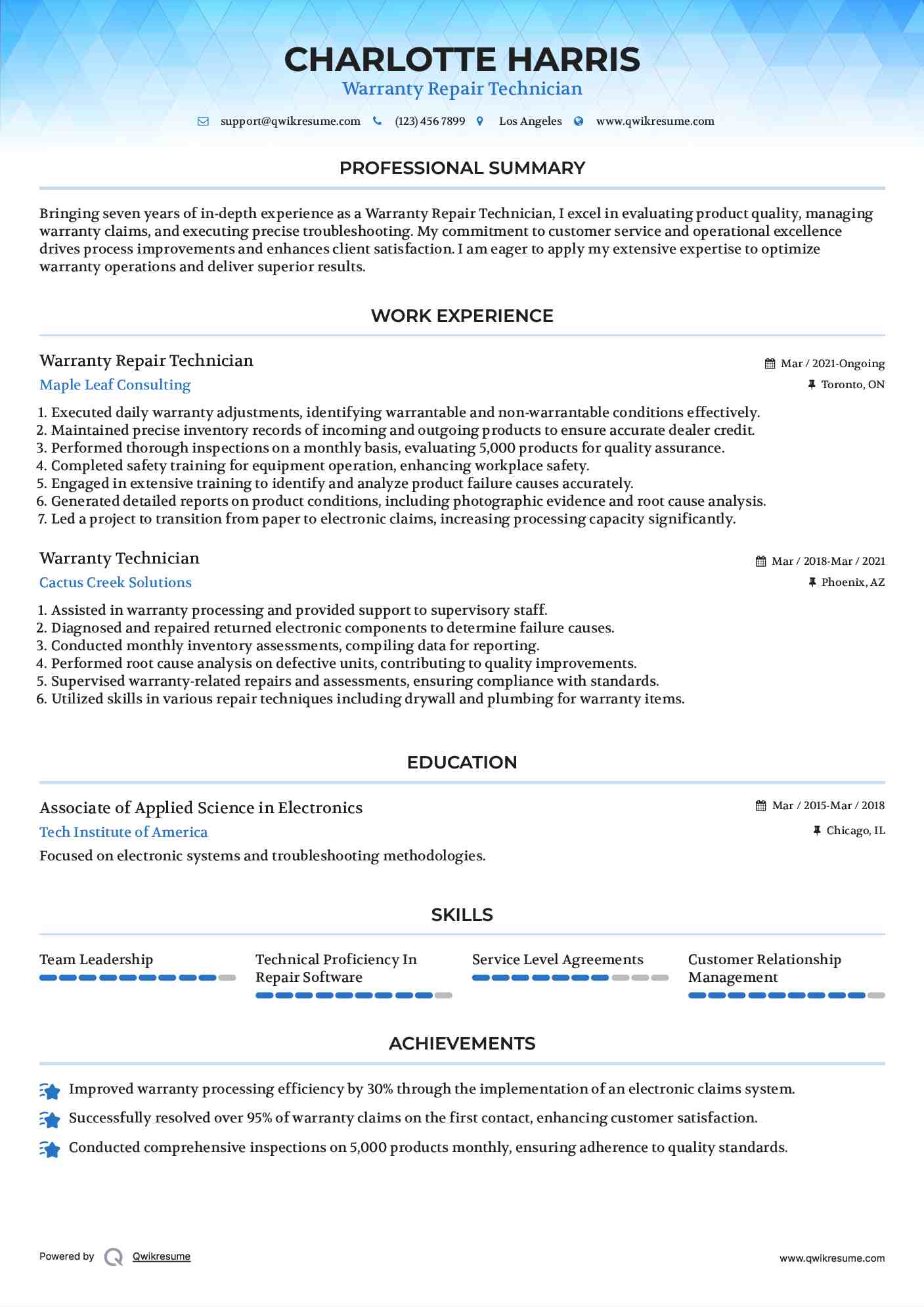 Warranty Technician Resume Samples QwikResume
