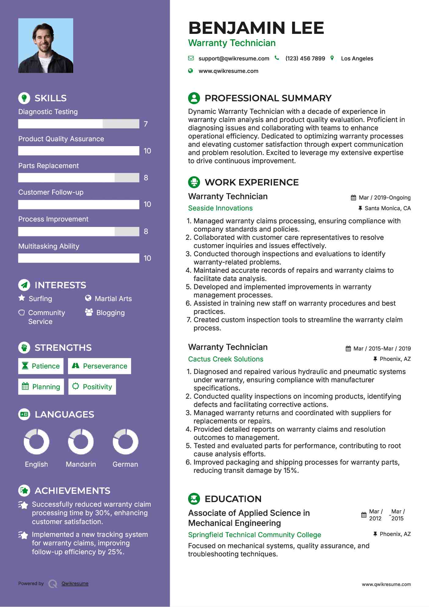 Warranty Technician Resume Samples QwikResume