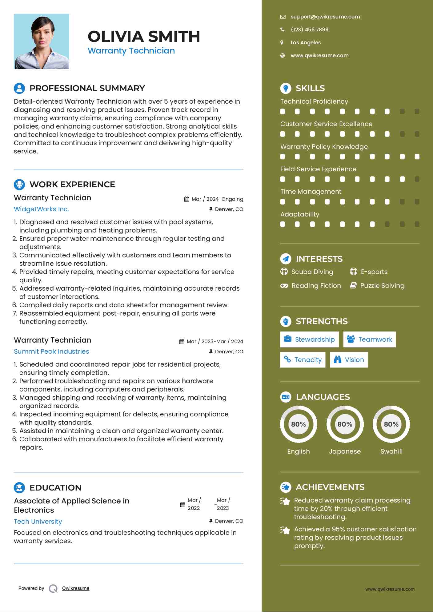 Warranty Technician Resume Model
