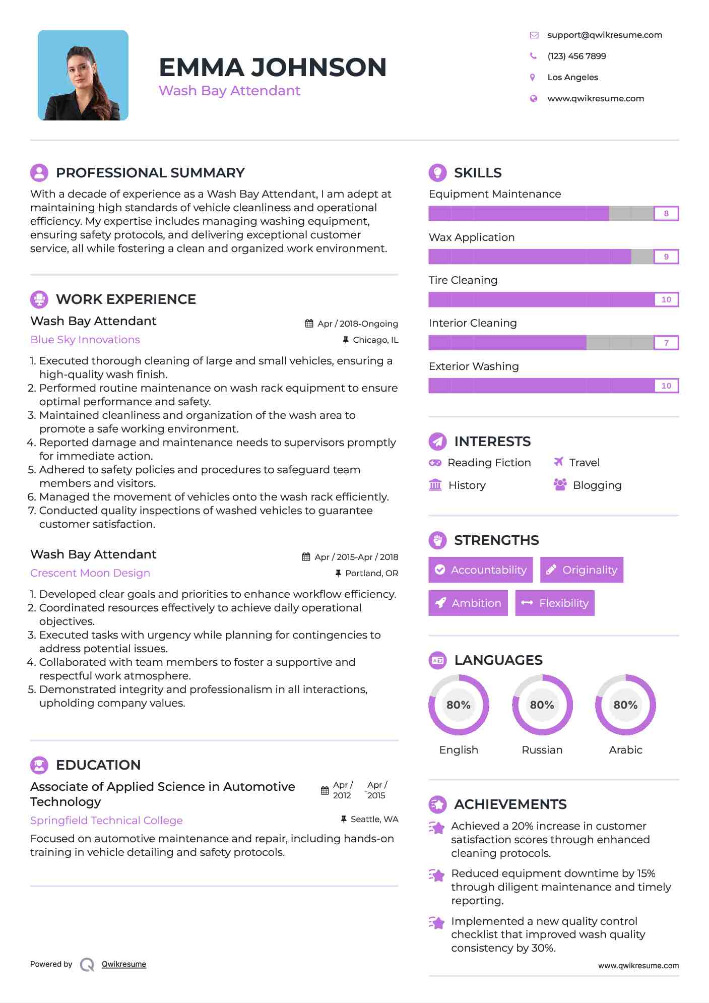 Wash Bay Attendant Resume Sample